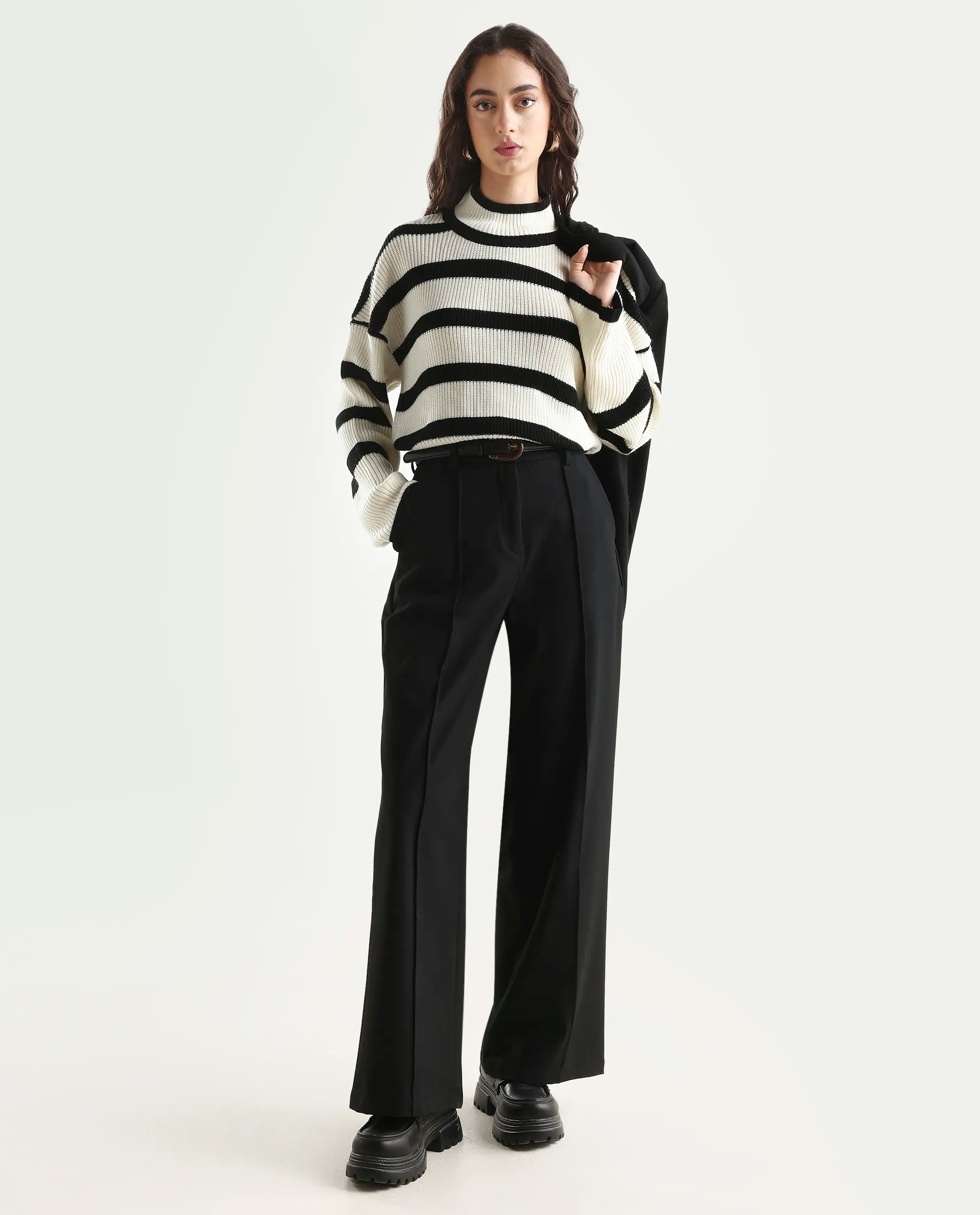 Rareism Women's Titanium White Acrylic High Neck Oversize Fit Striped Sweater