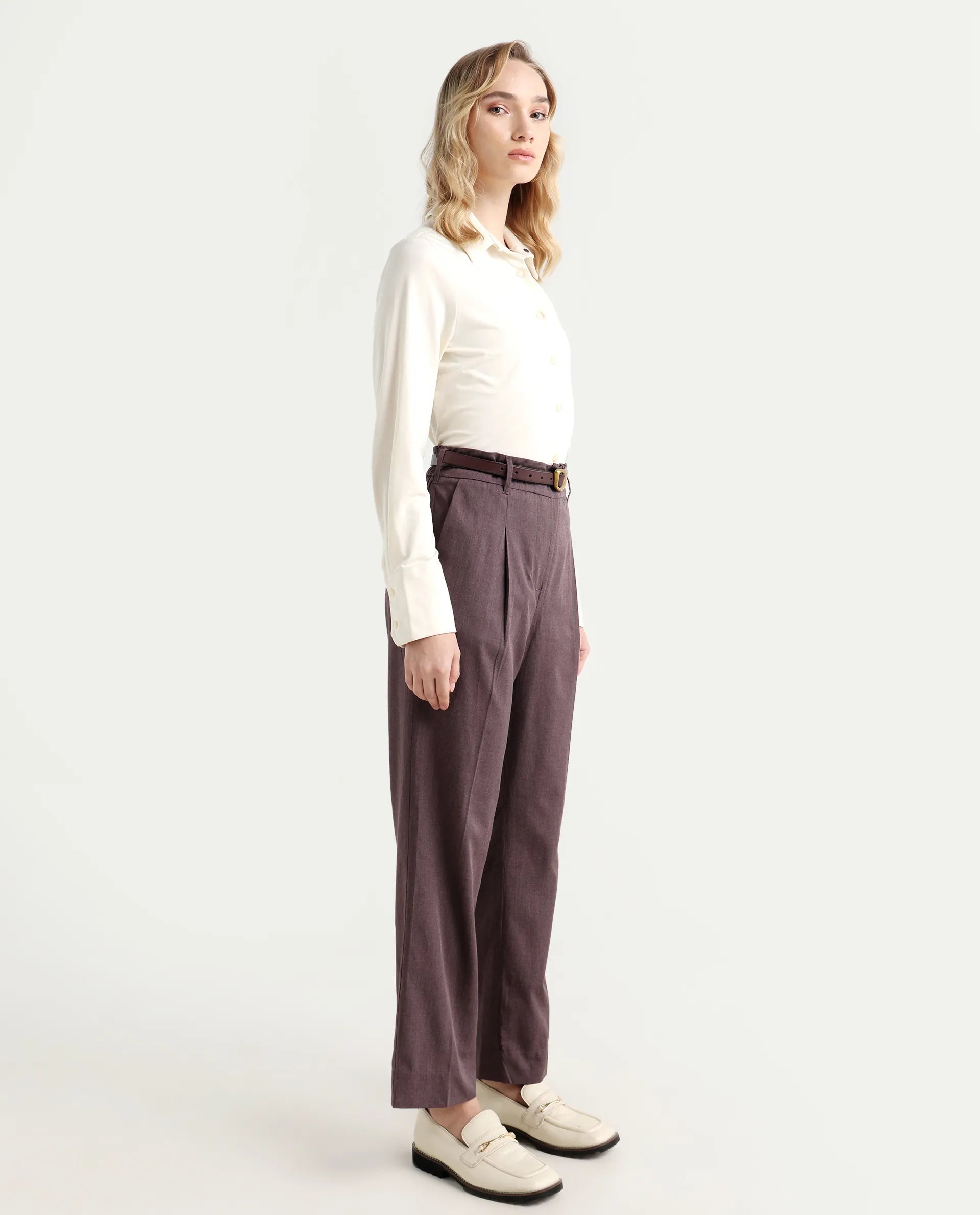 Rareism Women's Tiza Brown Polyester Blend Plain Ankle Length Straight Fit Trouser
