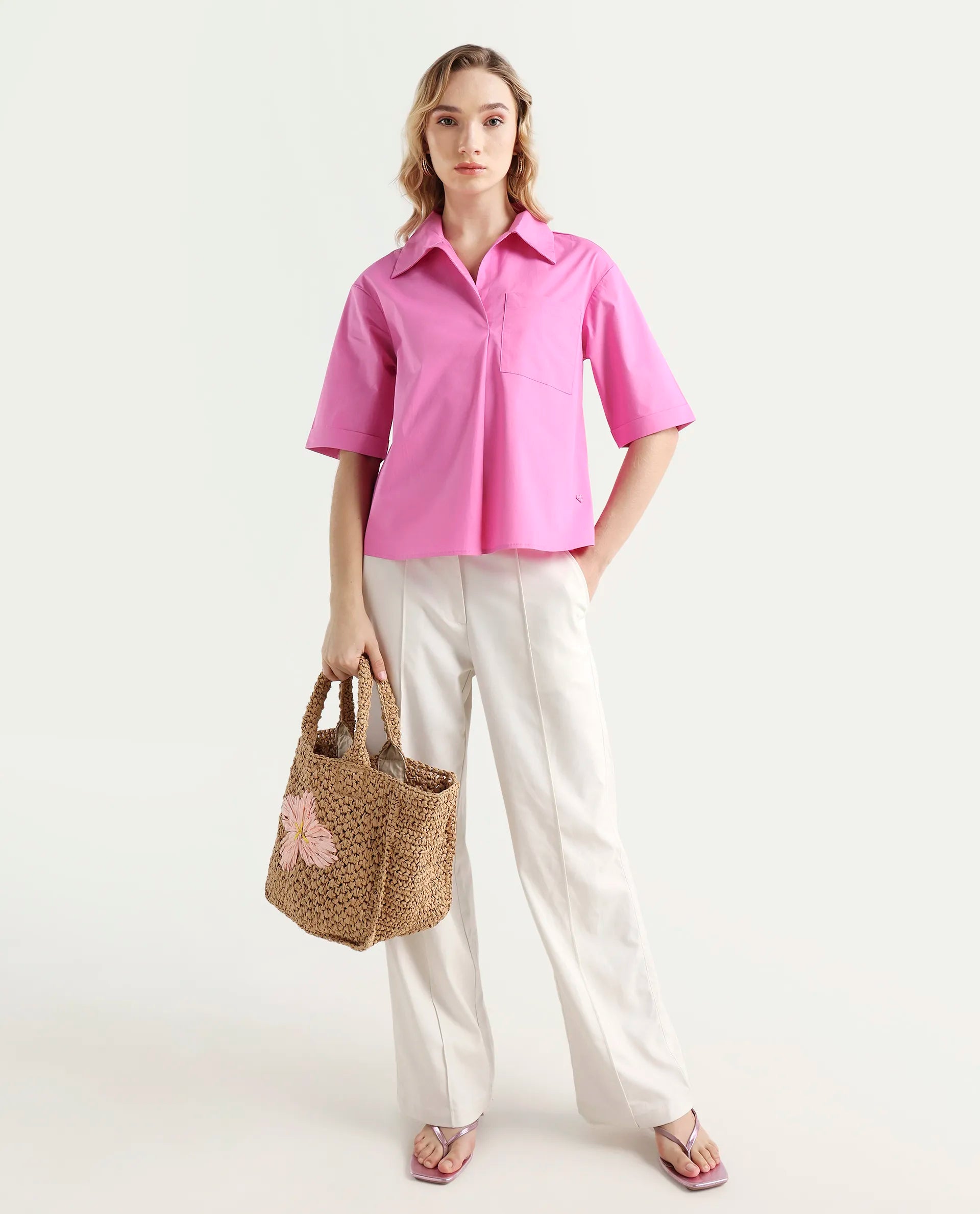 Rareism Women's Toefil Pastel Pink Cotton Spread Collar Plain Regular Fit Shirt