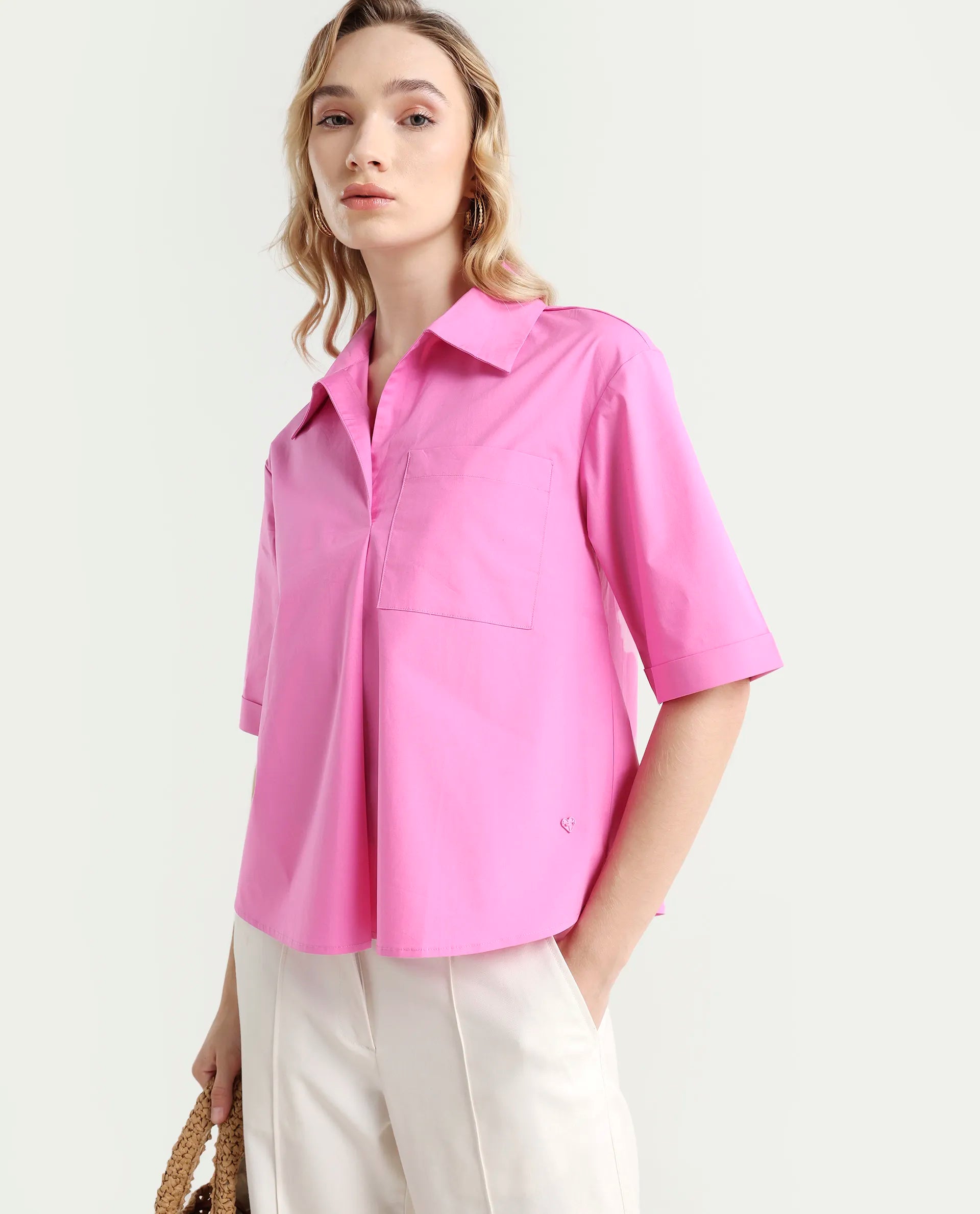 Rareism Women's Toefil Pastel Pink Cotton Spread Collar Plain Regular Fit Shirt
