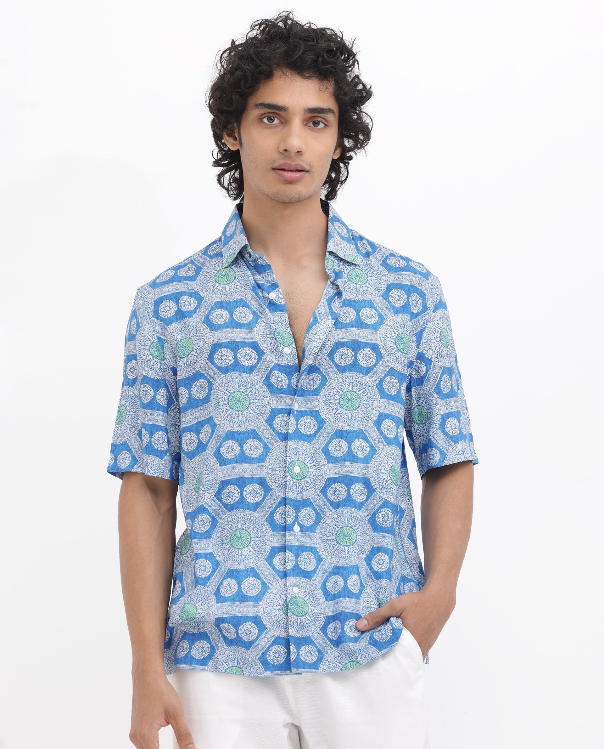 Rare Rabbit Mens Tofiel Blue Viscose Fabric Half Sleeves Boxy Fit Geometric Print Shirt