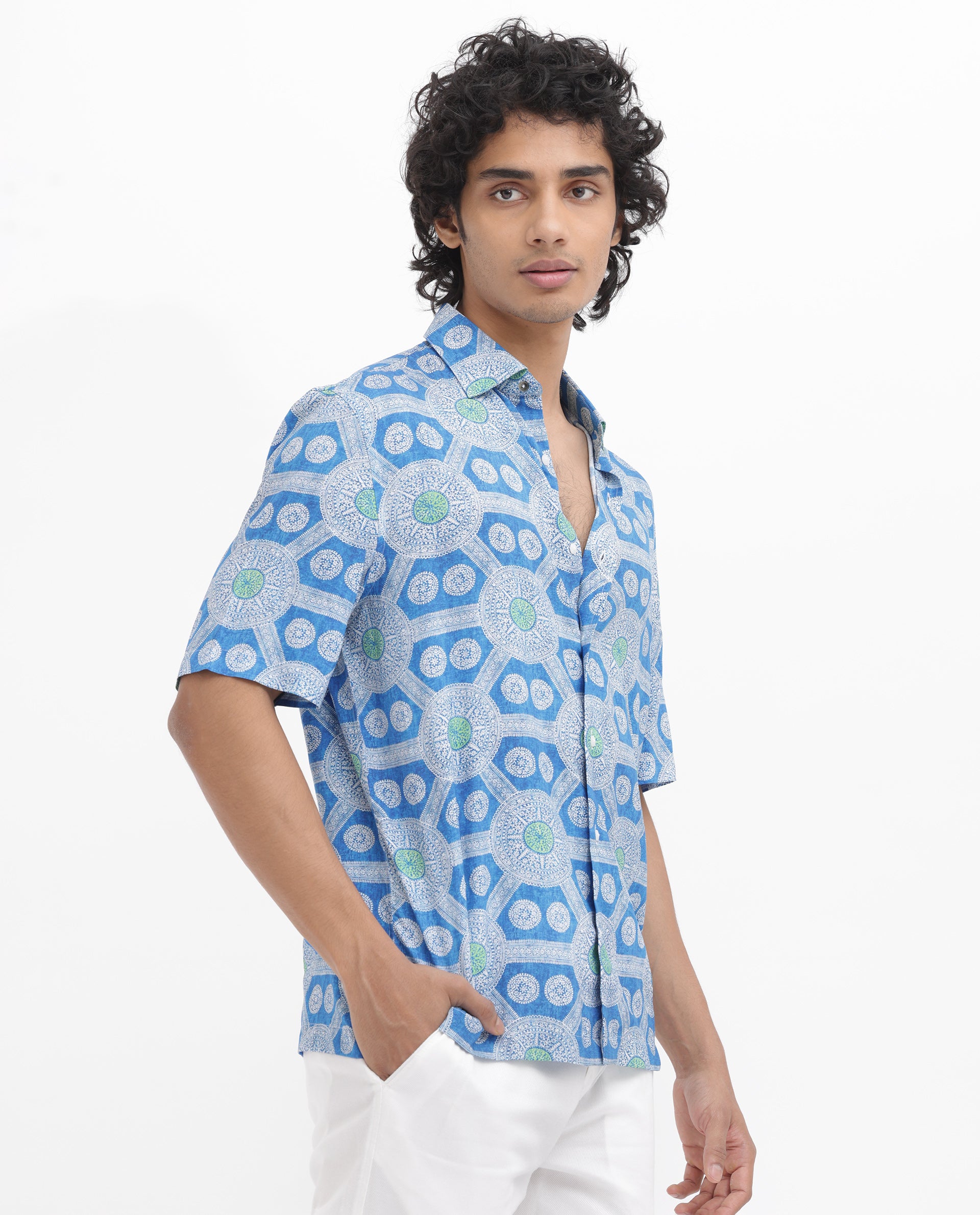 Rare Rabbit Mens Tofiel Blue Viscose Fabric Half Sleeves Boxy Fit Geometric Print Shirt