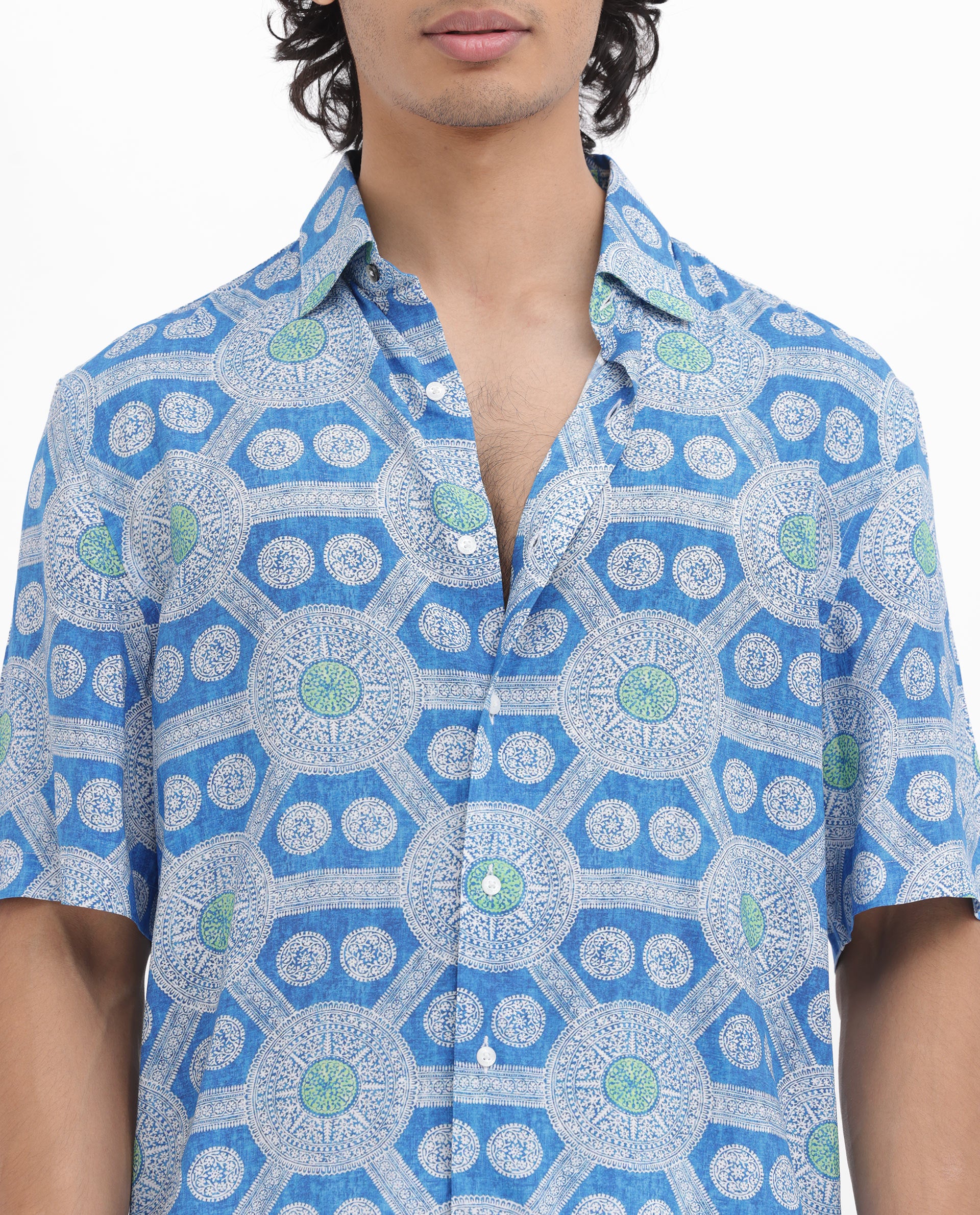Rare Rabbit Mens Tofiel Blue Viscose Fabric Half Sleeves Boxy Fit Geometric Print Shirt