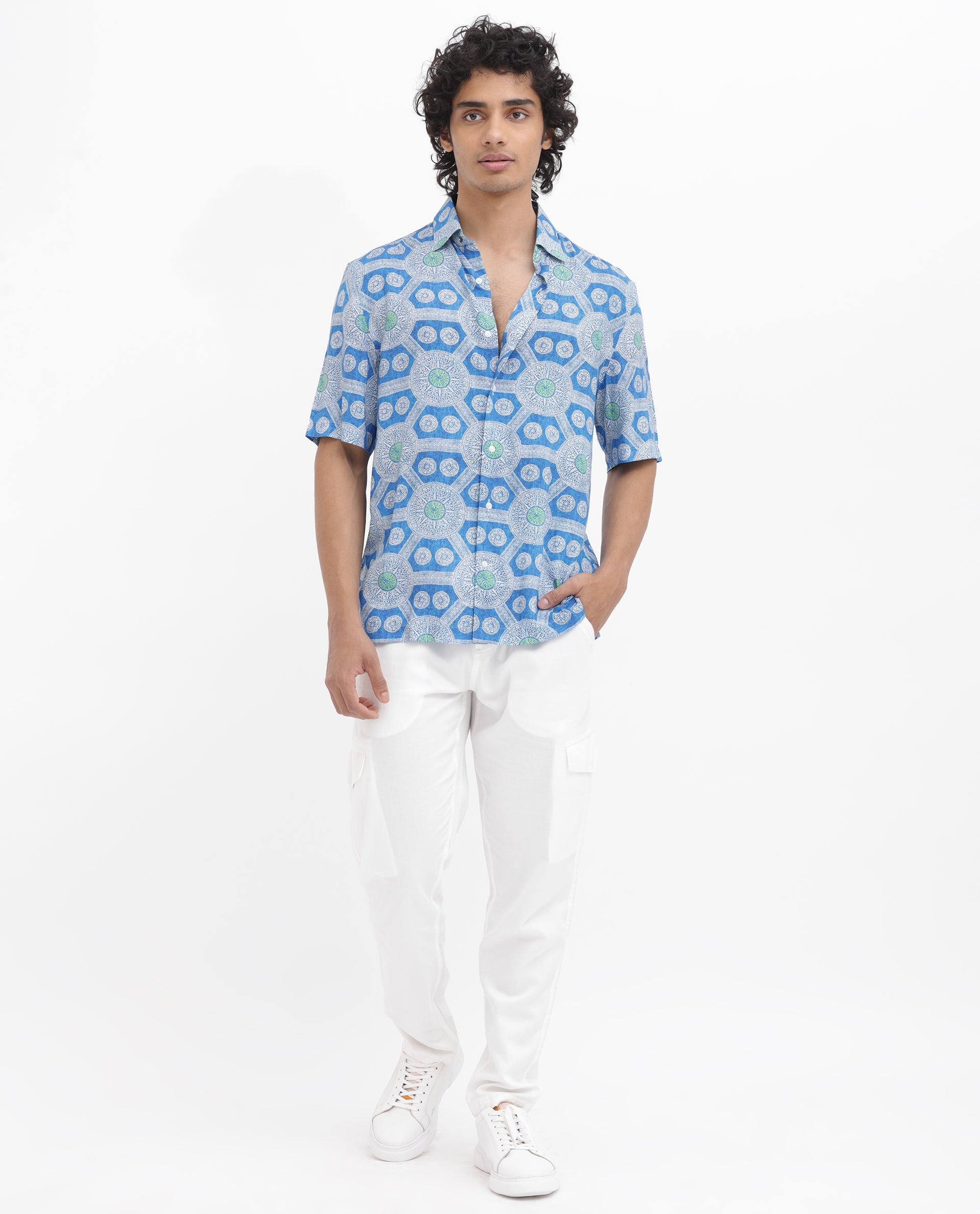 Rare Rabbit Mens Tofiel Blue Viscose Fabric Half Sleeves Boxy Fit Geometric Print Shirt