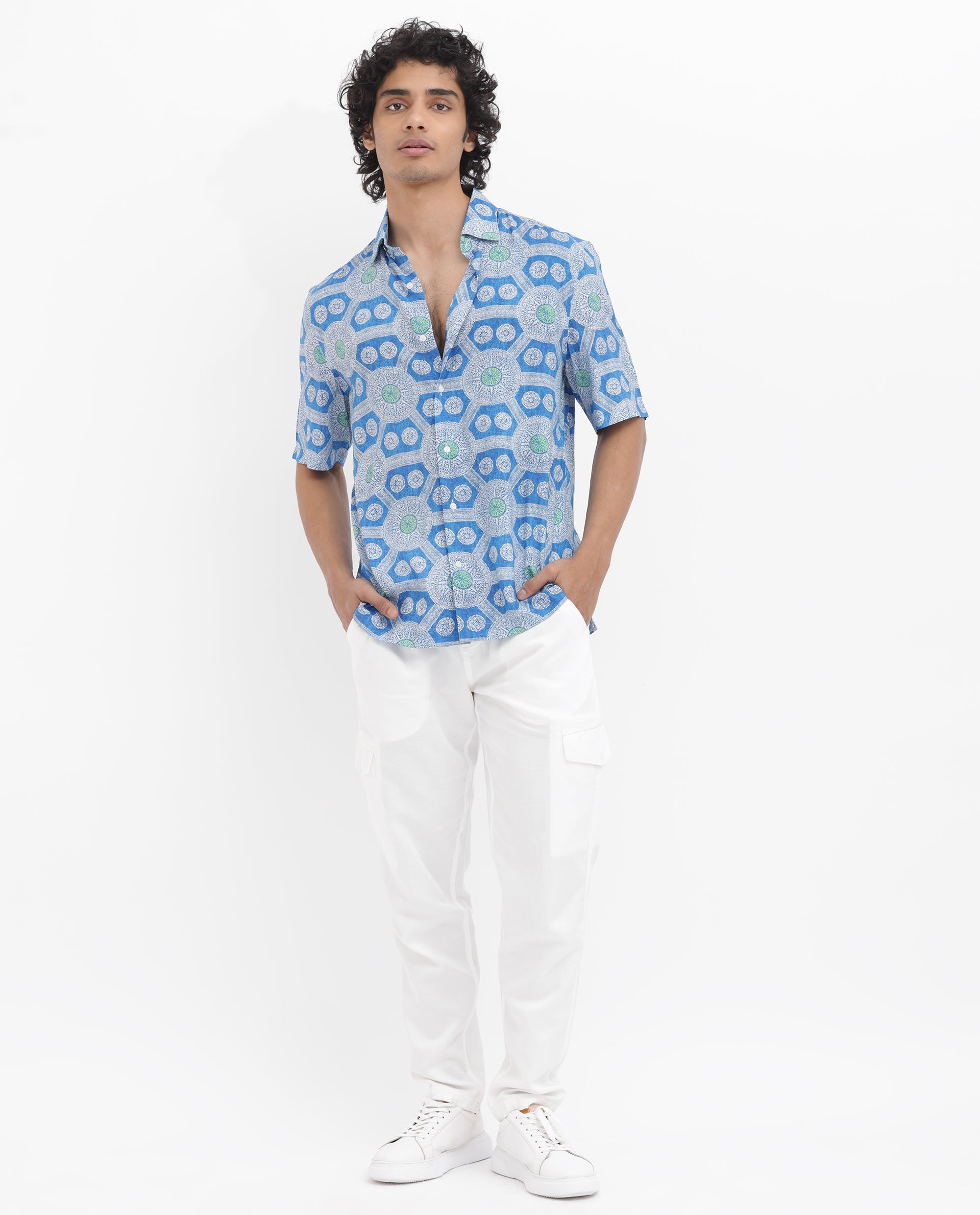 Rare Rabbit Mens Tofiel Blue Viscose Fabric Half Sleeves Boxy Fit Geometric Print Shirt