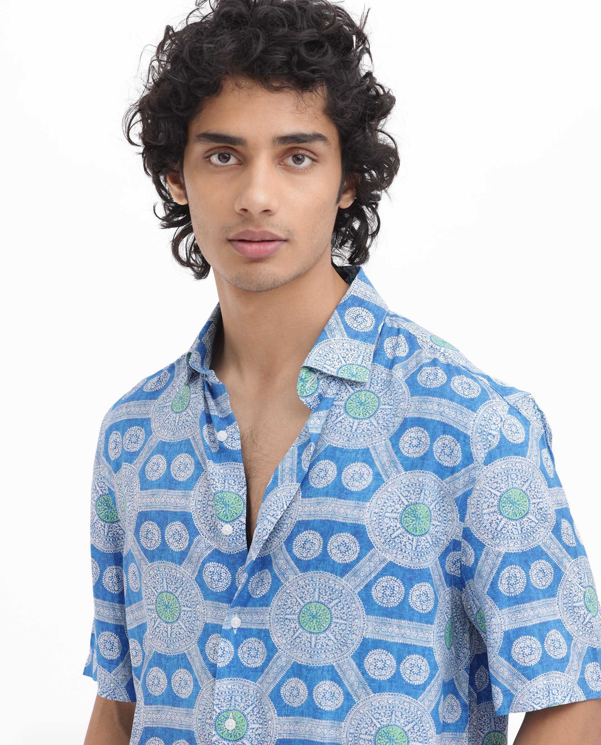 Rare Rabbit Mens Tofiel Blue Viscose Fabric Half Sleeves Boxy Fit Geometric Print Shirt