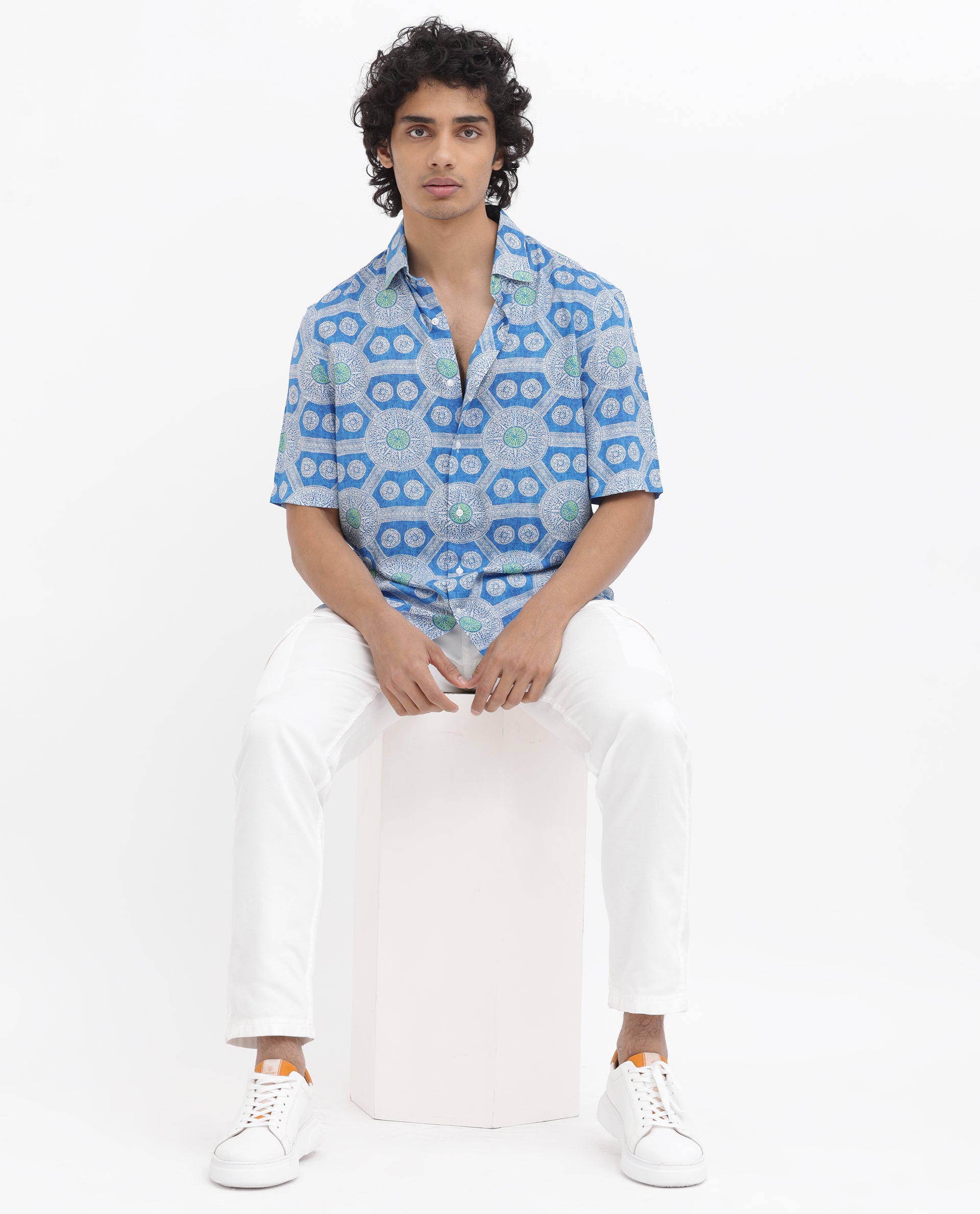 Rare Rabbit Mens Tofiel Blue Viscose Fabric Half Sleeves Boxy Fit Geometric Print Shirt