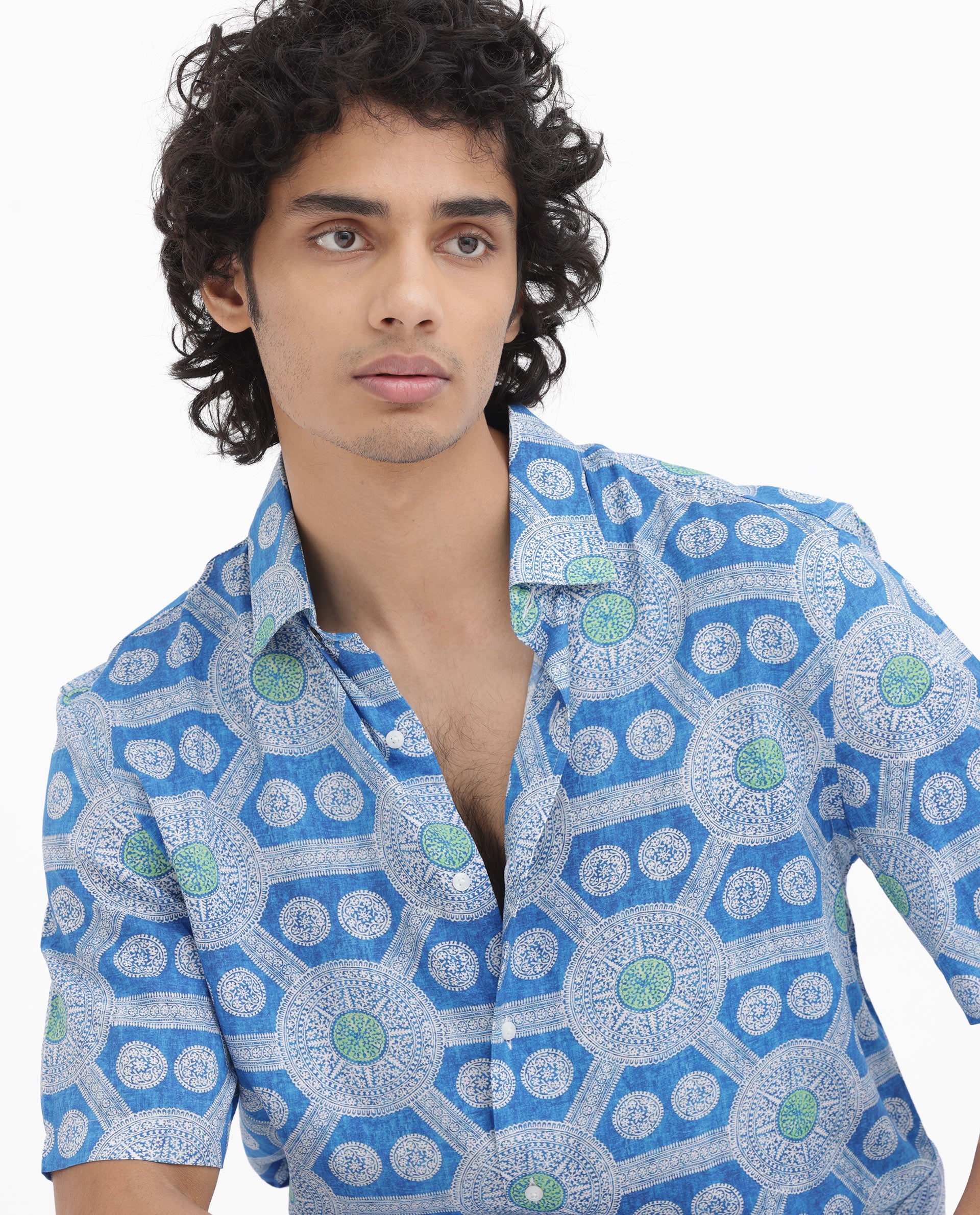 Rare Rabbit Mens Tofiel Blue Viscose Fabric Half Sleeves Boxy Fit Geometric Print Shirt