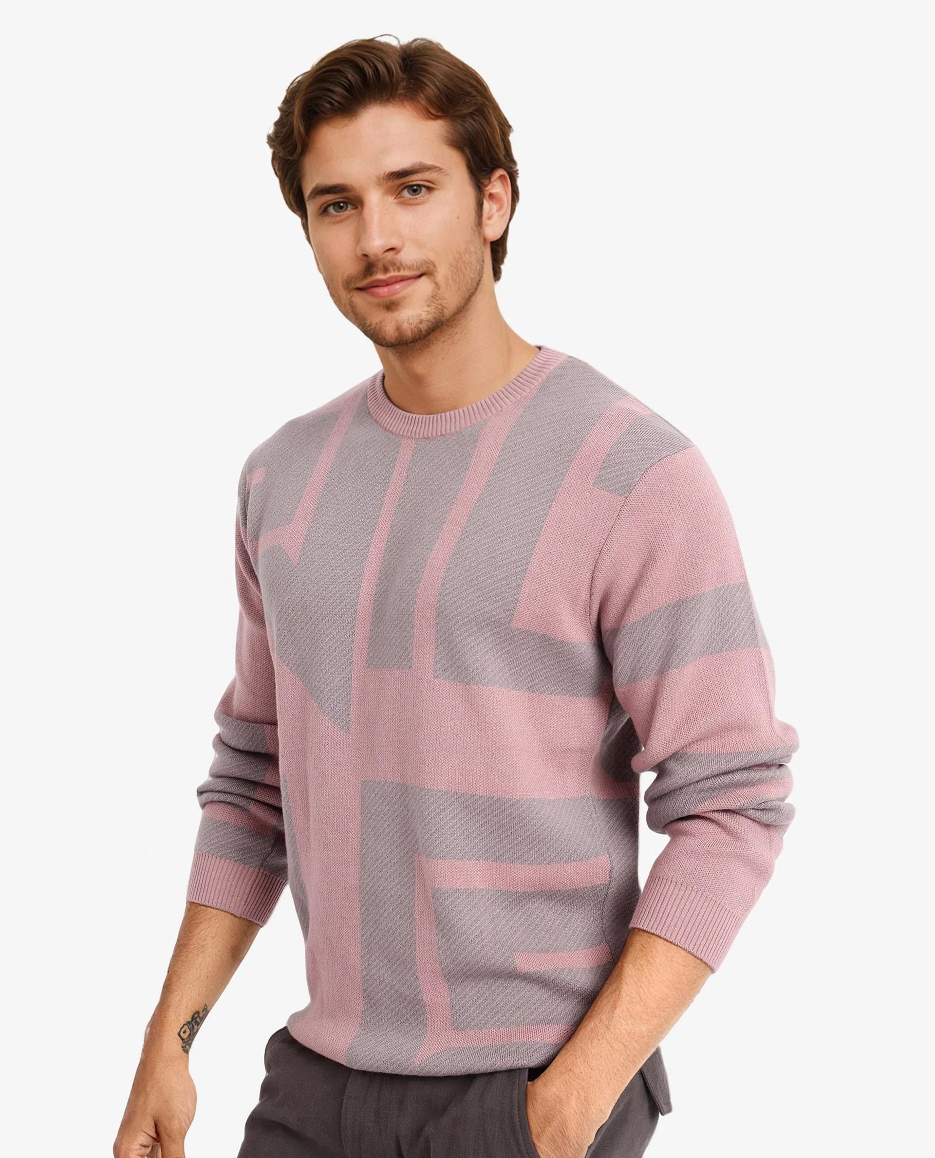 Rare Rabbit Men's Toge Pink Cotton Fabric Full Sleeve Crew Neck Monogram Print Sweater