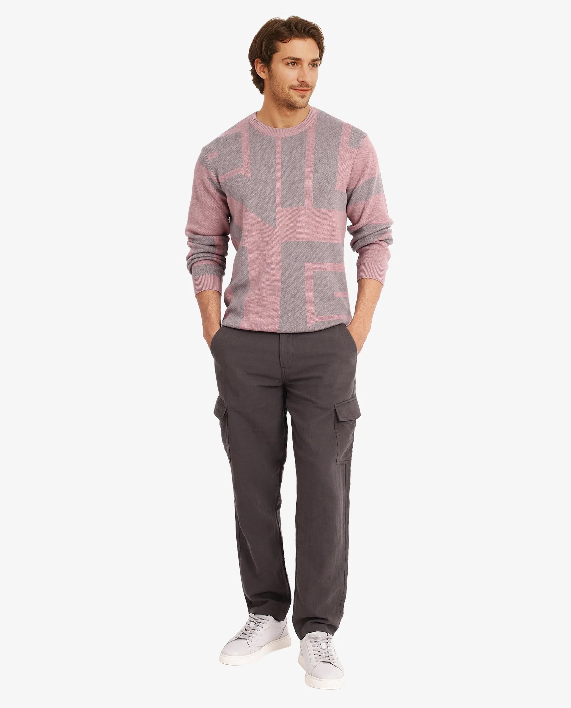 Rare Rabbit Men's Toge Pink Cotton Fabric Full Sleeve Crew Neck Monogram Print Sweater