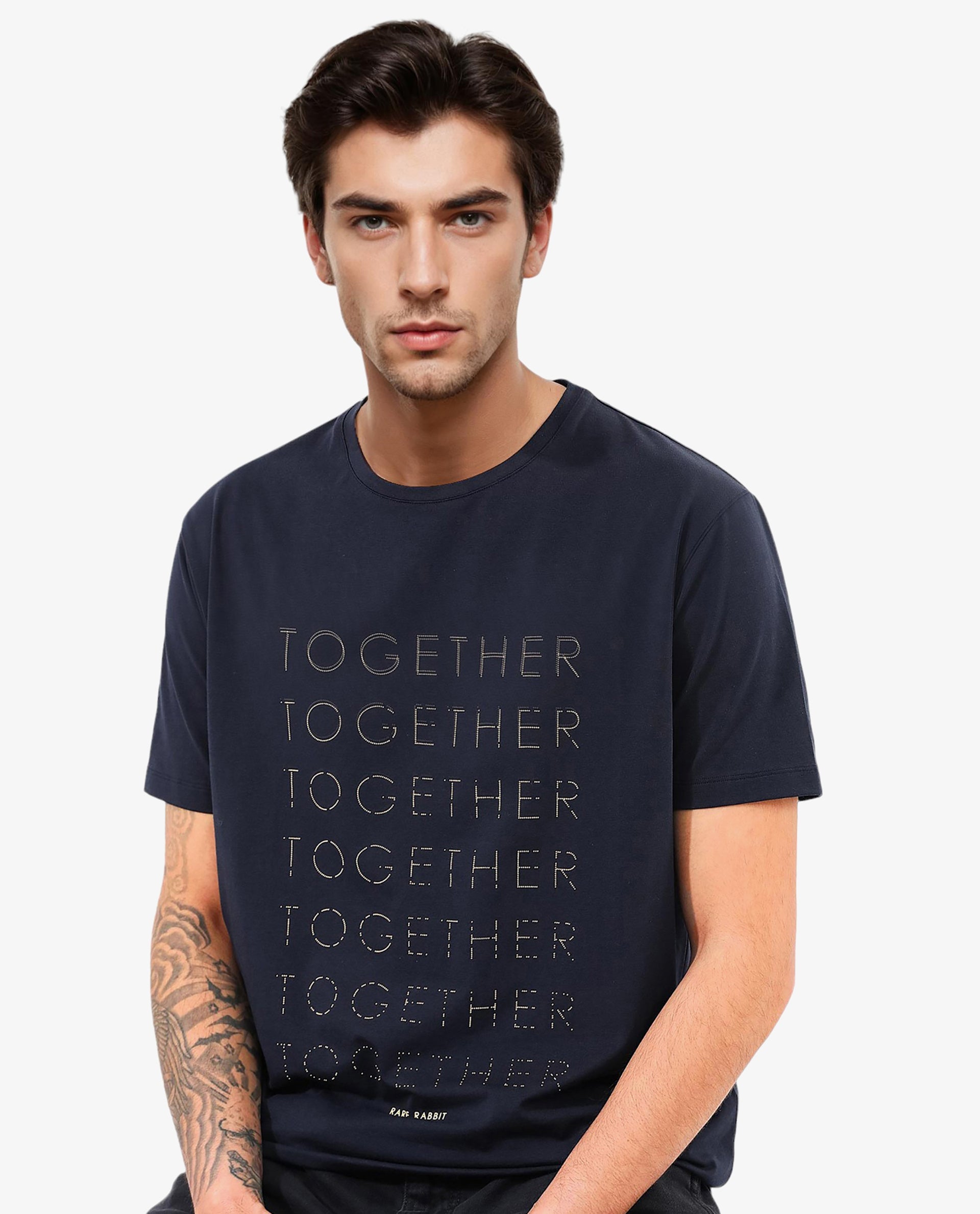 Rare Rabbit Articale Men's Together-1 Navy Crew Neck Relaxed Fit Knit Typography Print T-Shirt