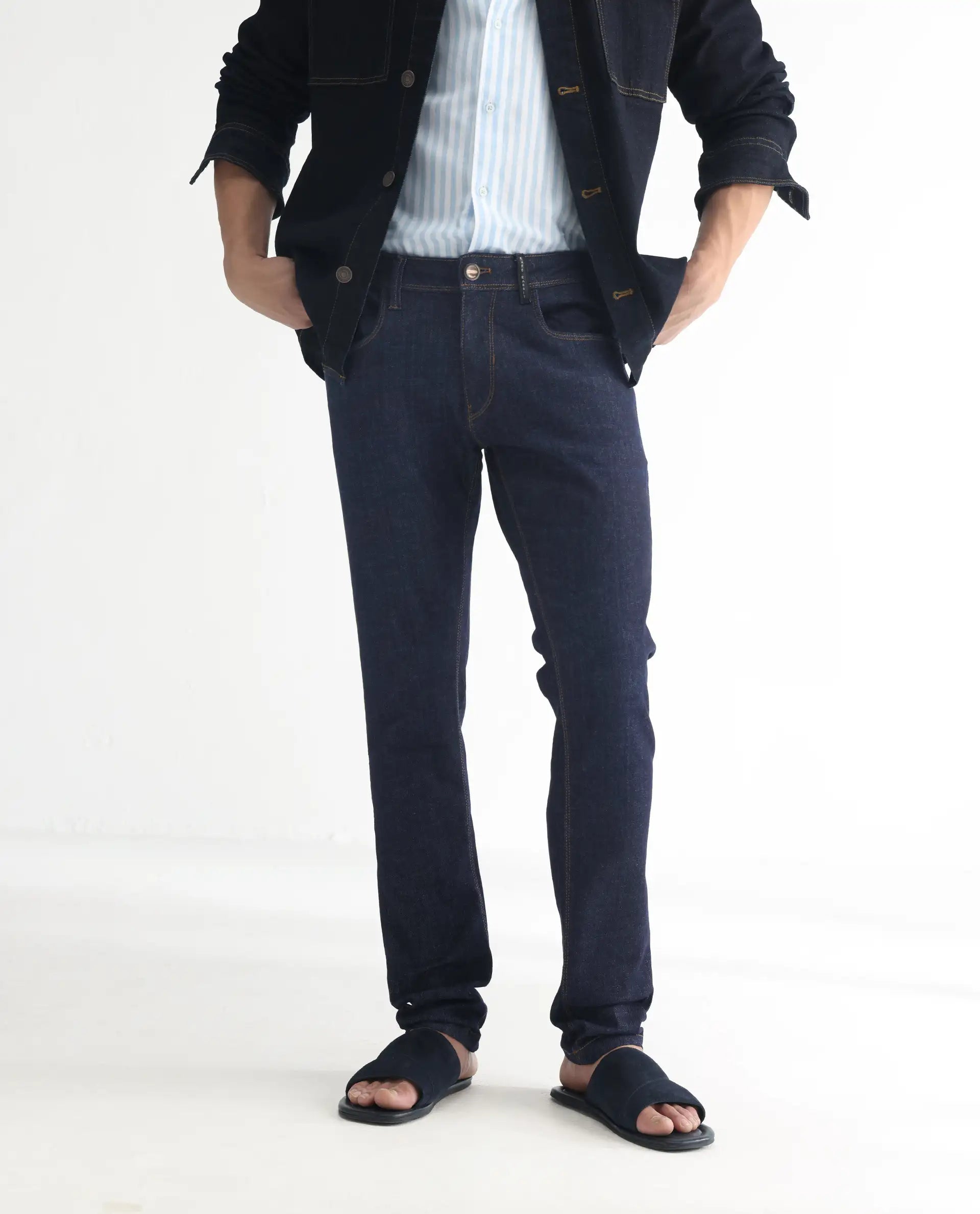 Rare Rabbit Men's Toledo Navy Cotton Plain Hawk Slim Fit Jeans