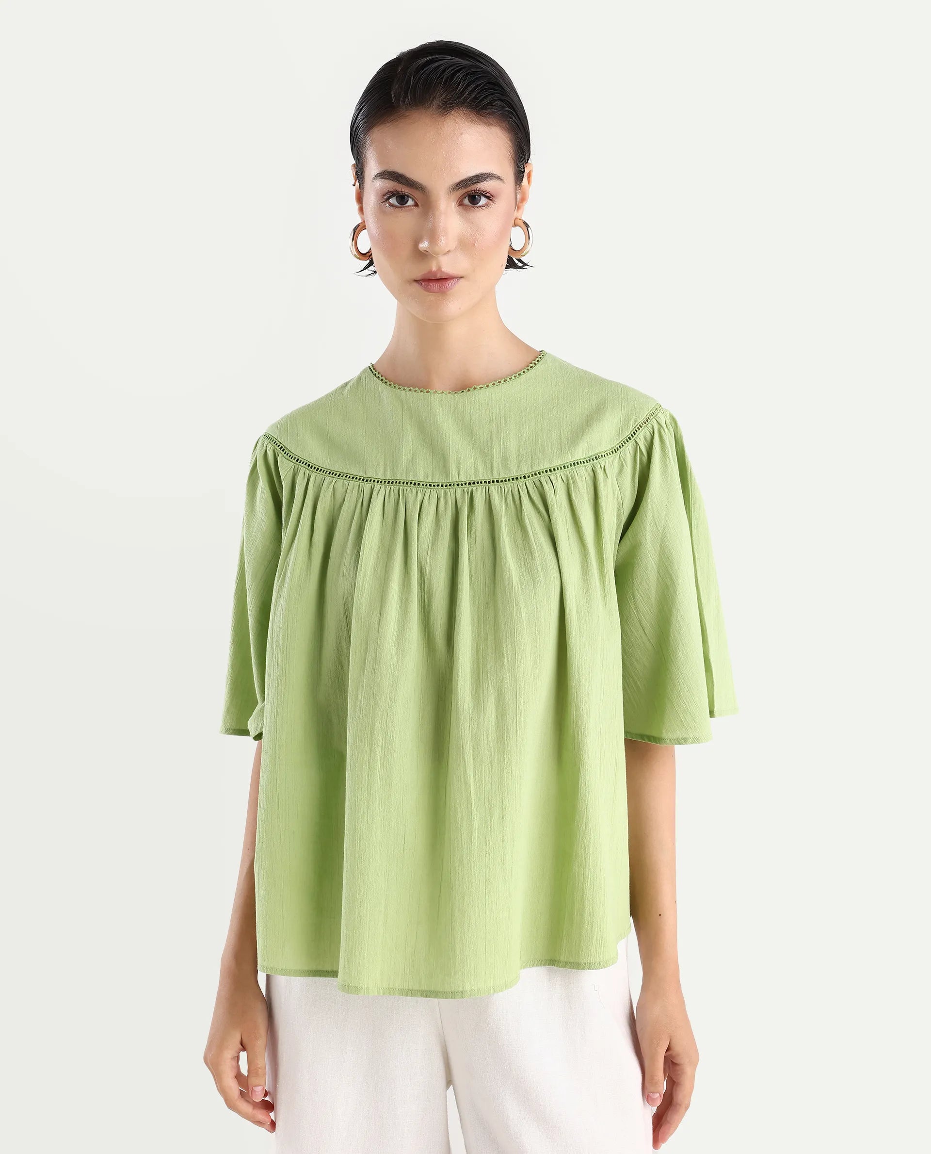 Rareism Women's Tonala Green Cotton Blend Crew Neck Plain Raglan Sleeve Relaxed Fit Top