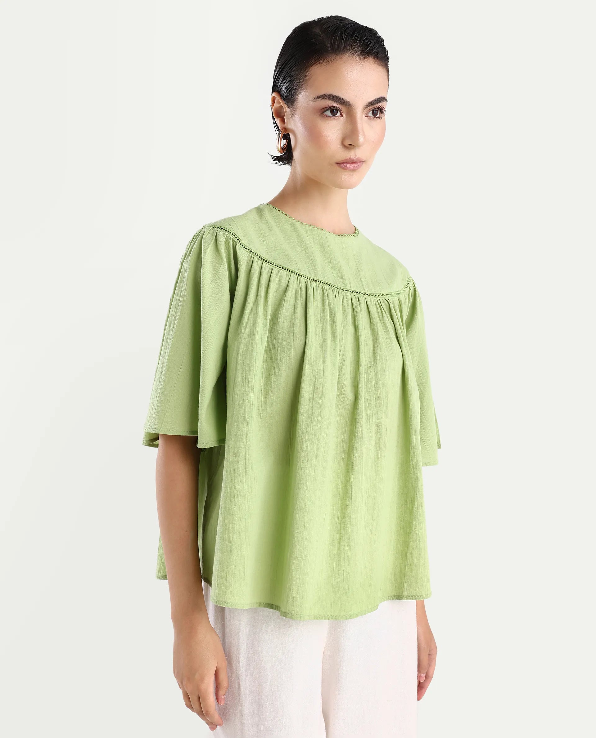 Rareism Women's Tonala Green Cotton Blend Crew Neck Plain Raglan Sleeve Relaxed Fit Top