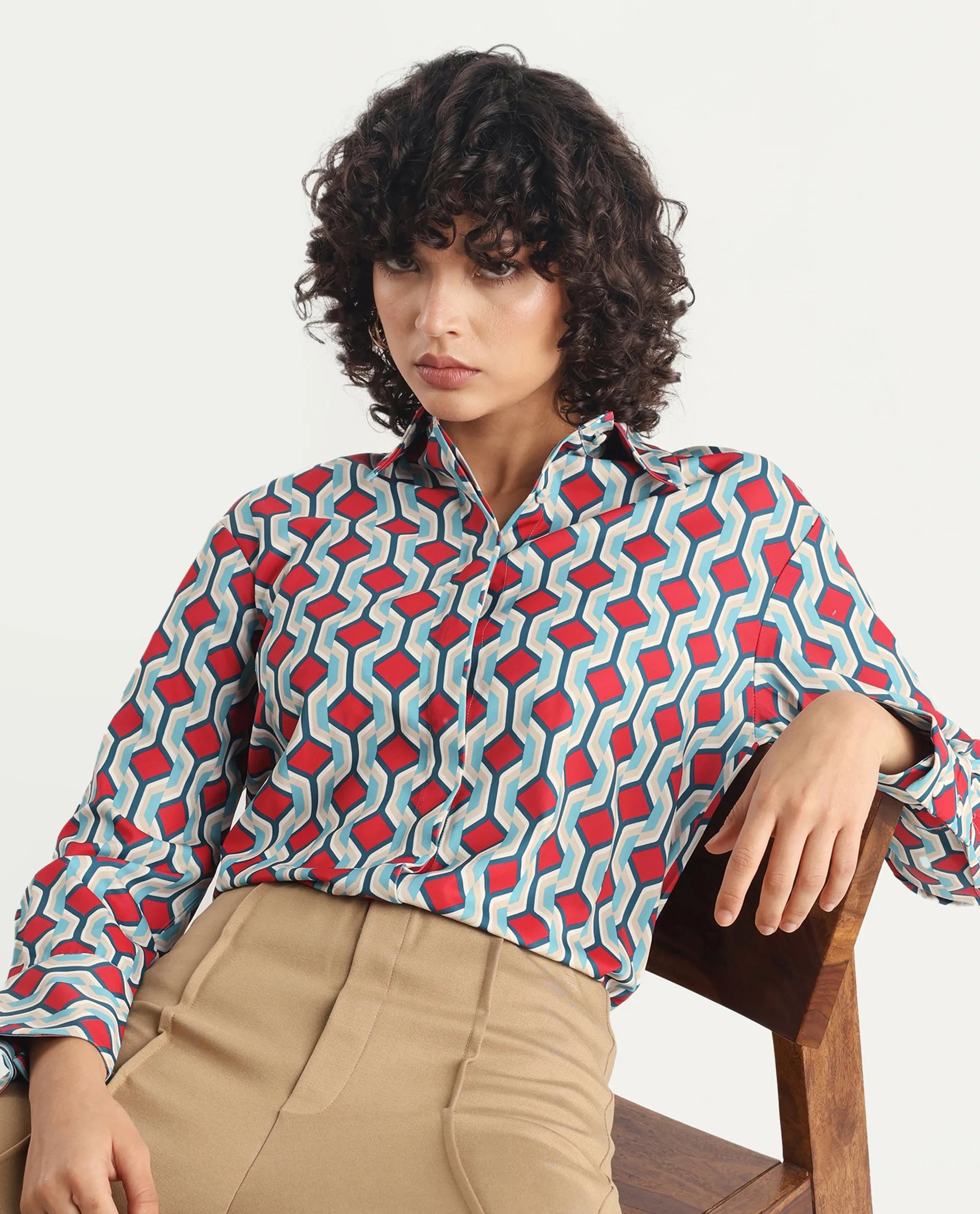 Rareism Women's Tonyhale Multi Satin Spread Collar Geometric Print Cuffed Sleeve Regular Fit Top