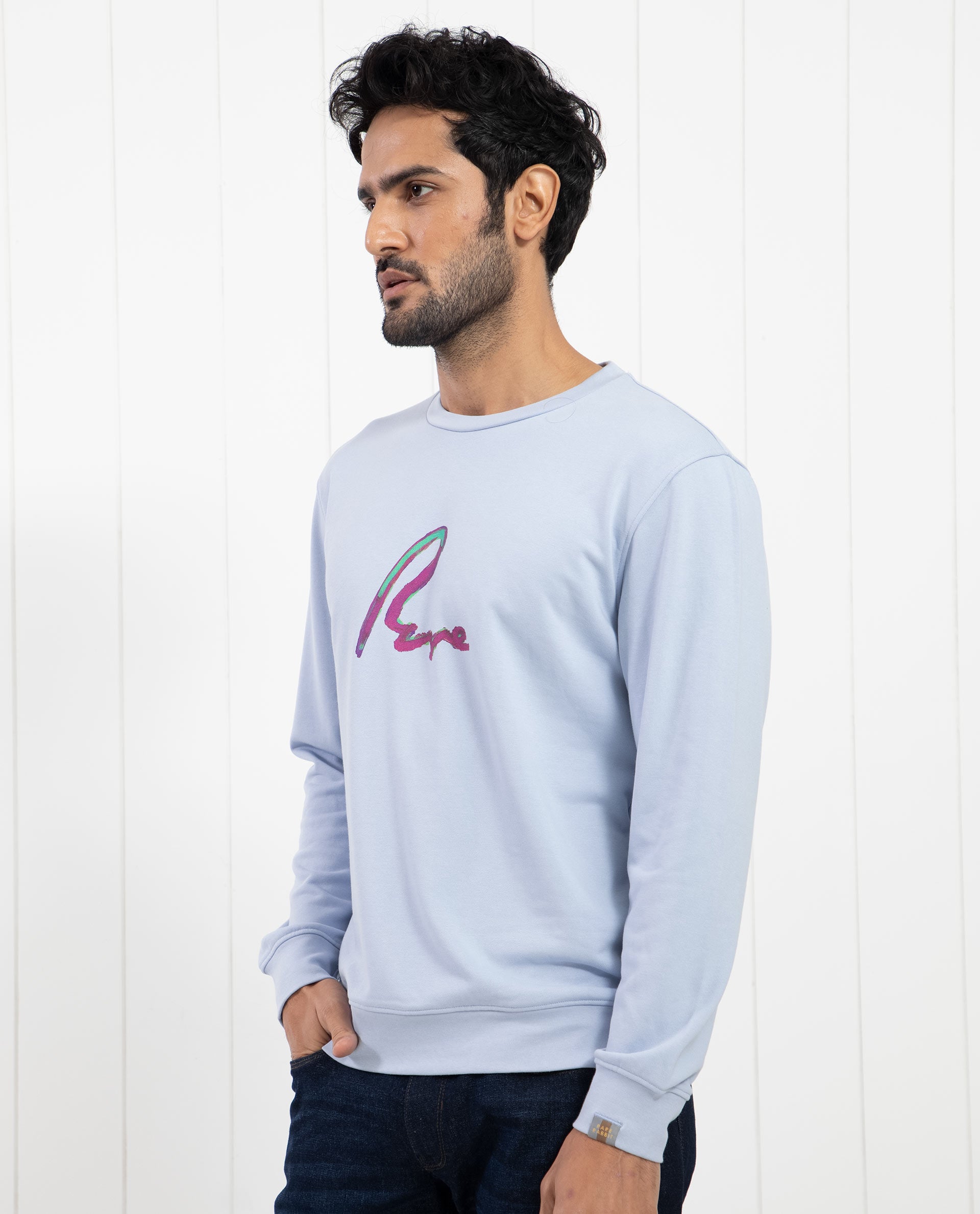 Rare Rabbit Men's Toon Light Blue Cotton Polyester Fabric Full Sleeves Graphic Signature Print Knitted Sweatshirt