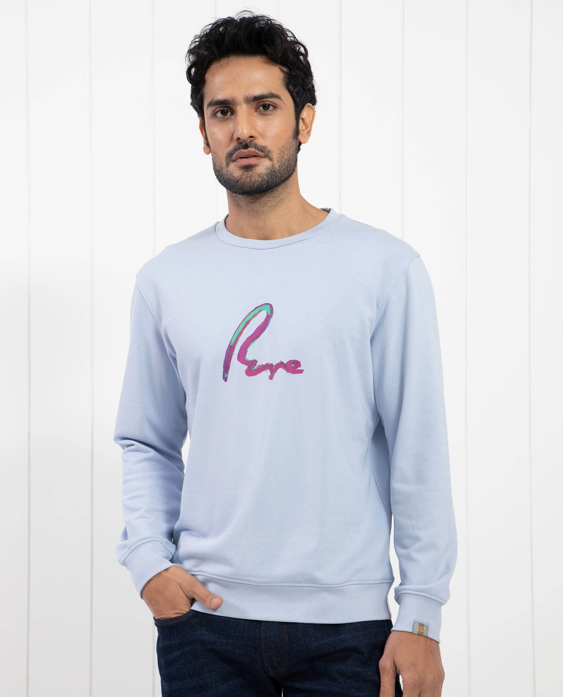 Rare Rabbit Men's Toon Light Blue Cotton Polyester Fabric Full Sleeves Graphic Signature Print Knitted Sweatshirt