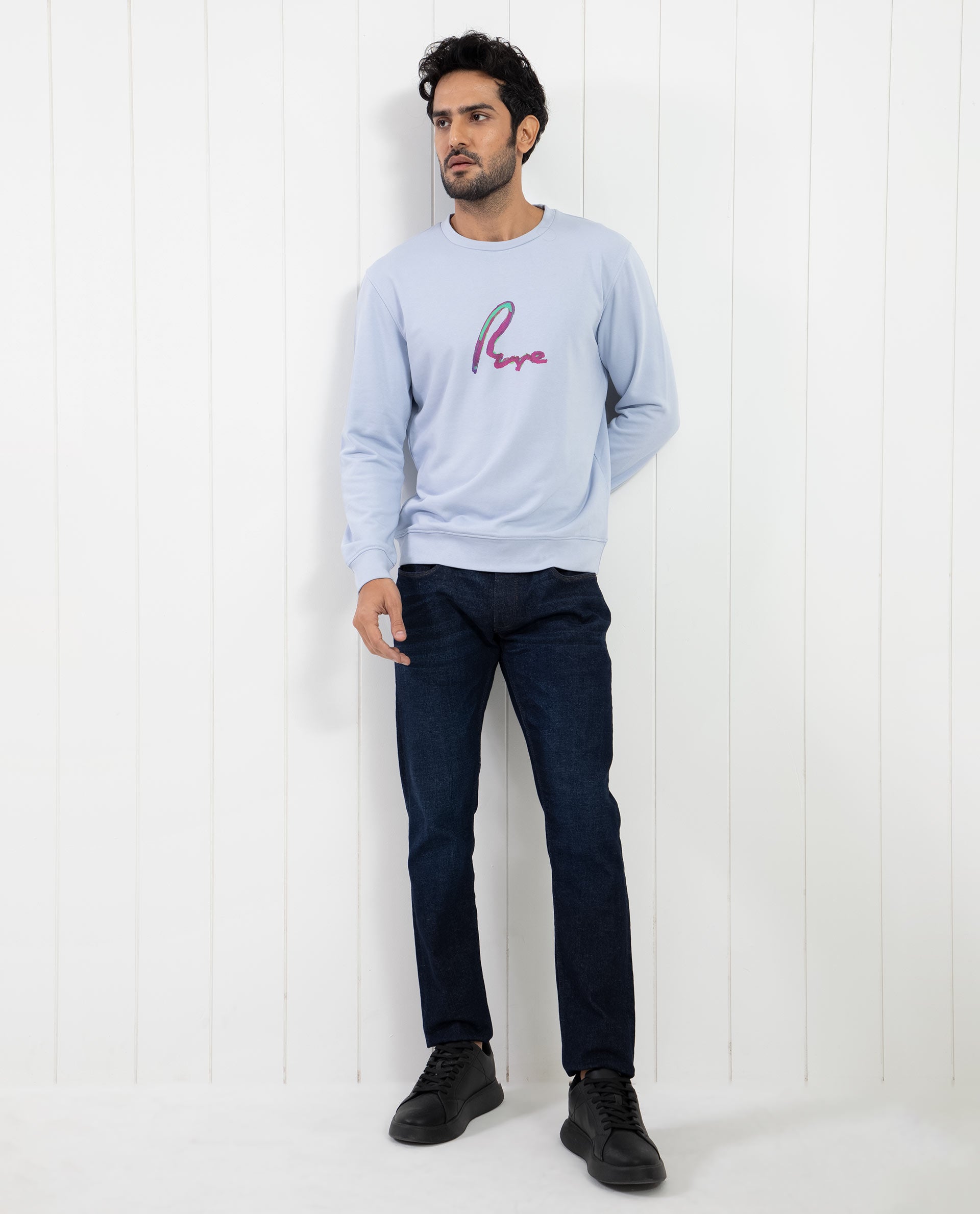 Rare Rabbit Men's Toon Light Blue Cotton Polyester Fabric Full Sleeves Graphic Signature Print Knitted Sweatshirt