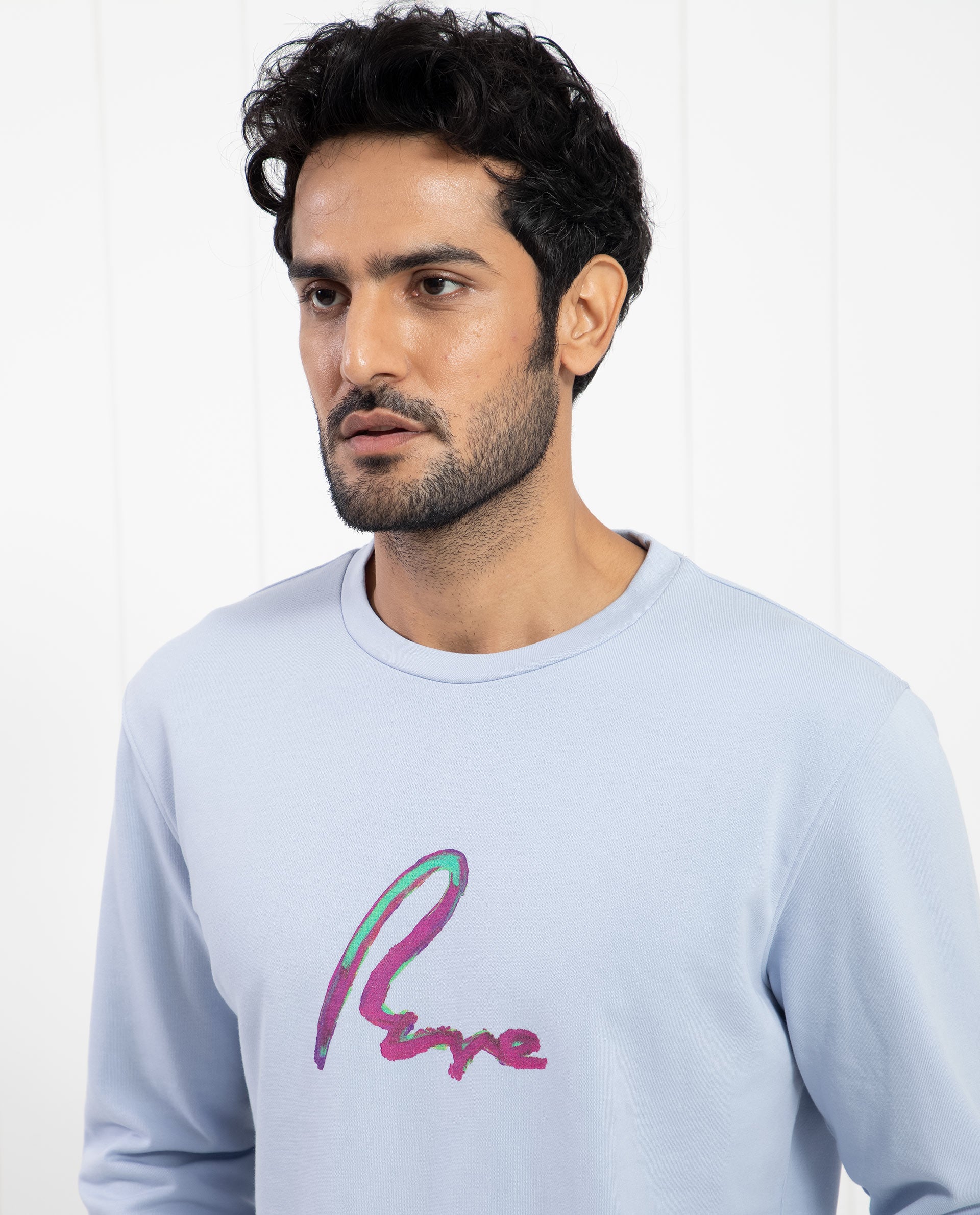 Rare Rabbit Men's Toon Light Blue Cotton Polyester Fabric Full Sleeves Graphic Signature Print Knitted Sweatshirt