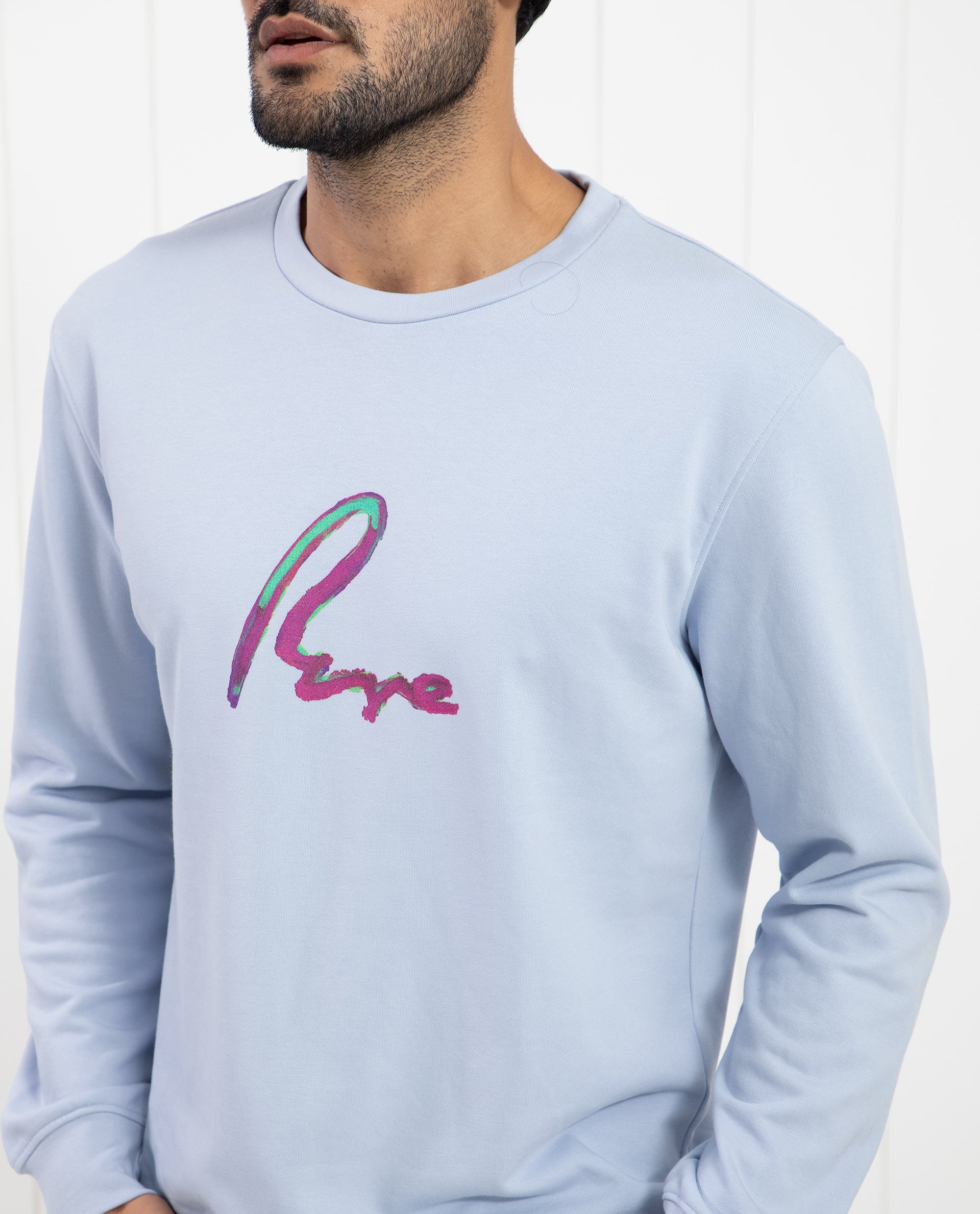 Rare Rabbit Men's Toon Light Blue Cotton Polyester Fabric Full Sleeves Graphic Signature Print Knitted Sweatshirt