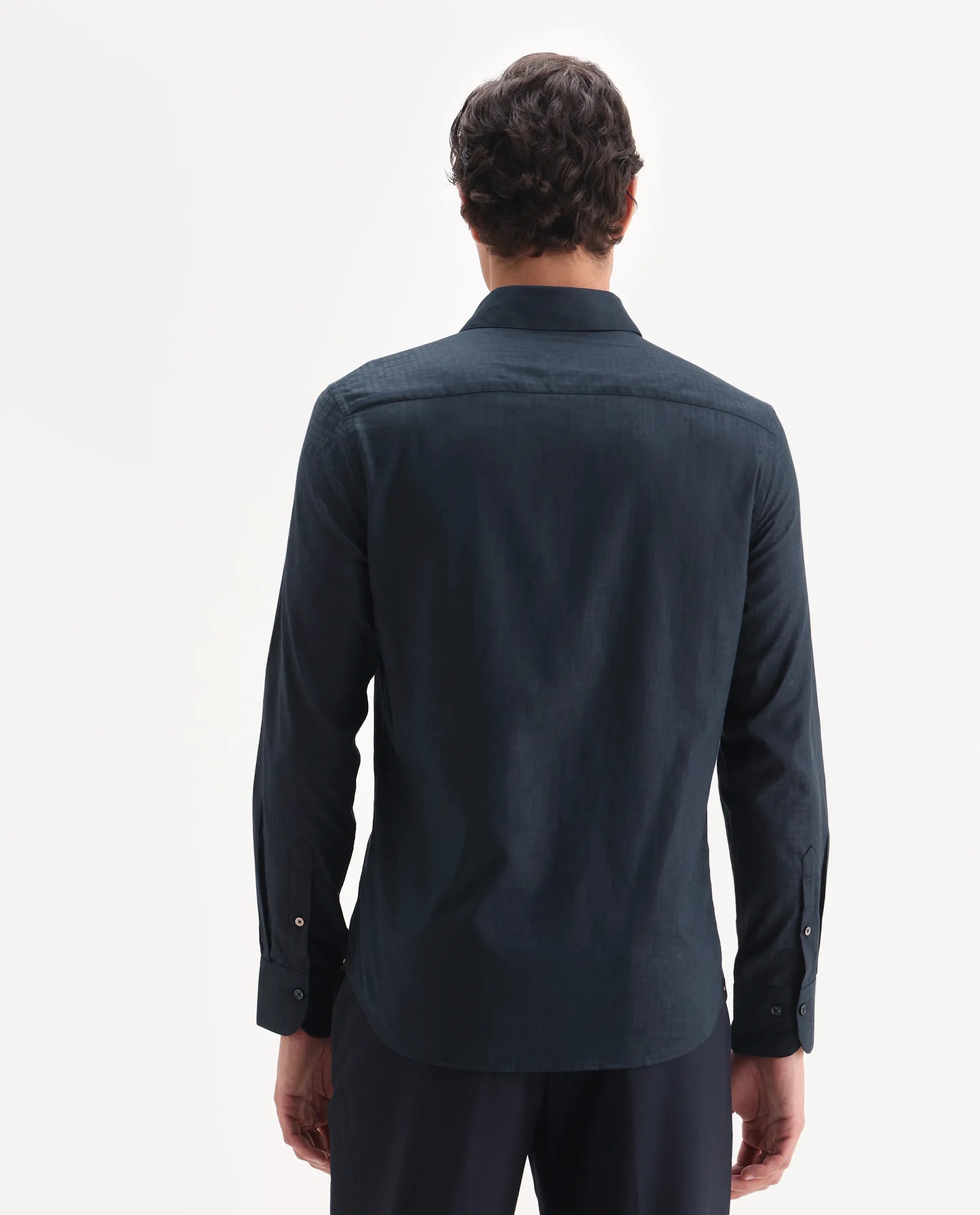 Rare Rabbit Men's Torop Navy Jacquard Fabric Full Sleeve Collared Neck Regular Fit Jacquard Shirt