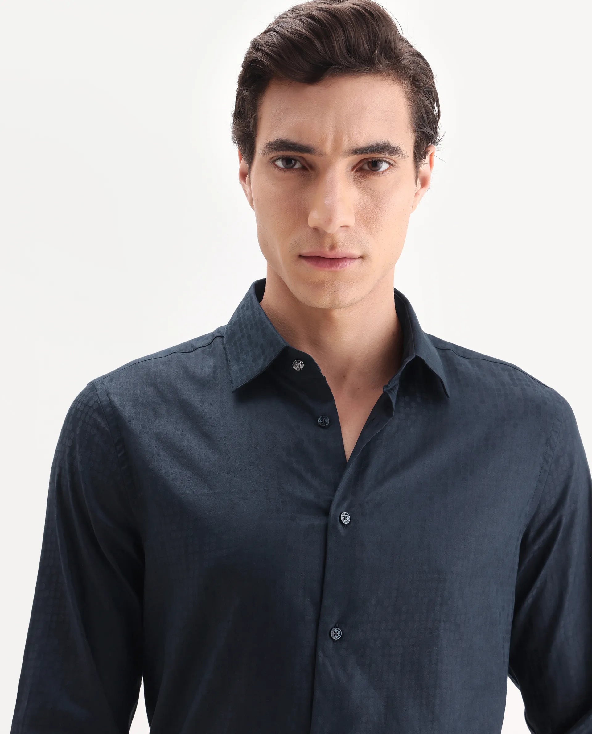 Rare Rabbit Men's Torop Navy Jacquard Fabric Full Sleeve Collared Neck Regular Fit Jacquard Shirt
