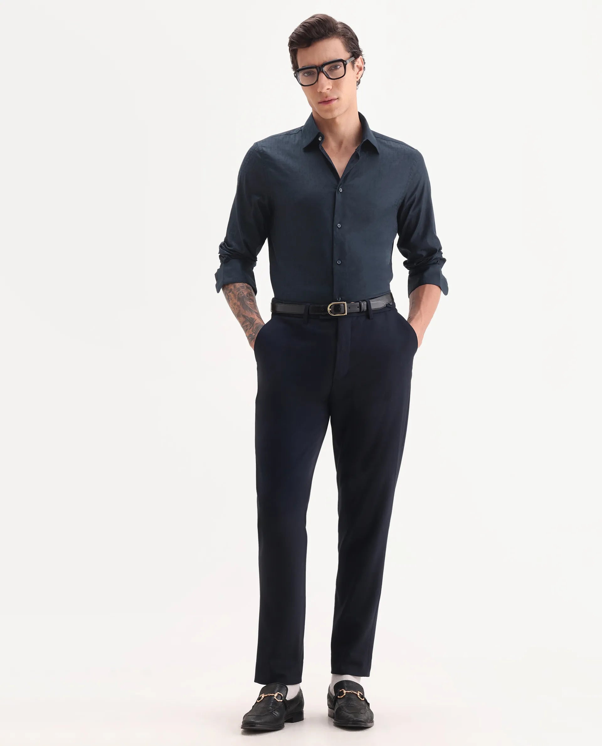 Rare Rabbit Men's Torop Navy Jacquard Fabric Full Sleeve Collared Neck Regular Fit Jacquard Shirt