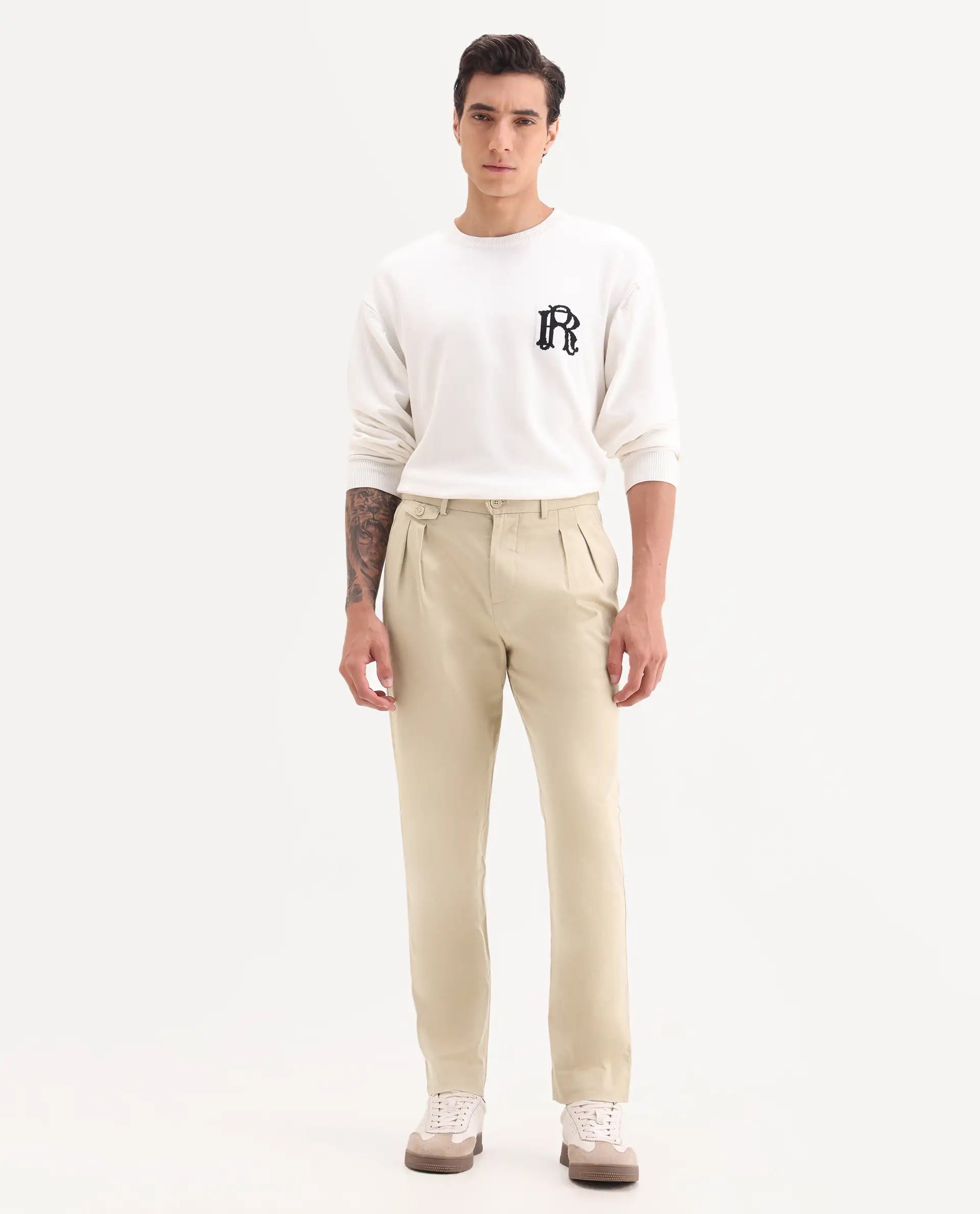 Rare Rabbit Men's Torro Beige Cotton Blend Plain Regular Fit Trouser