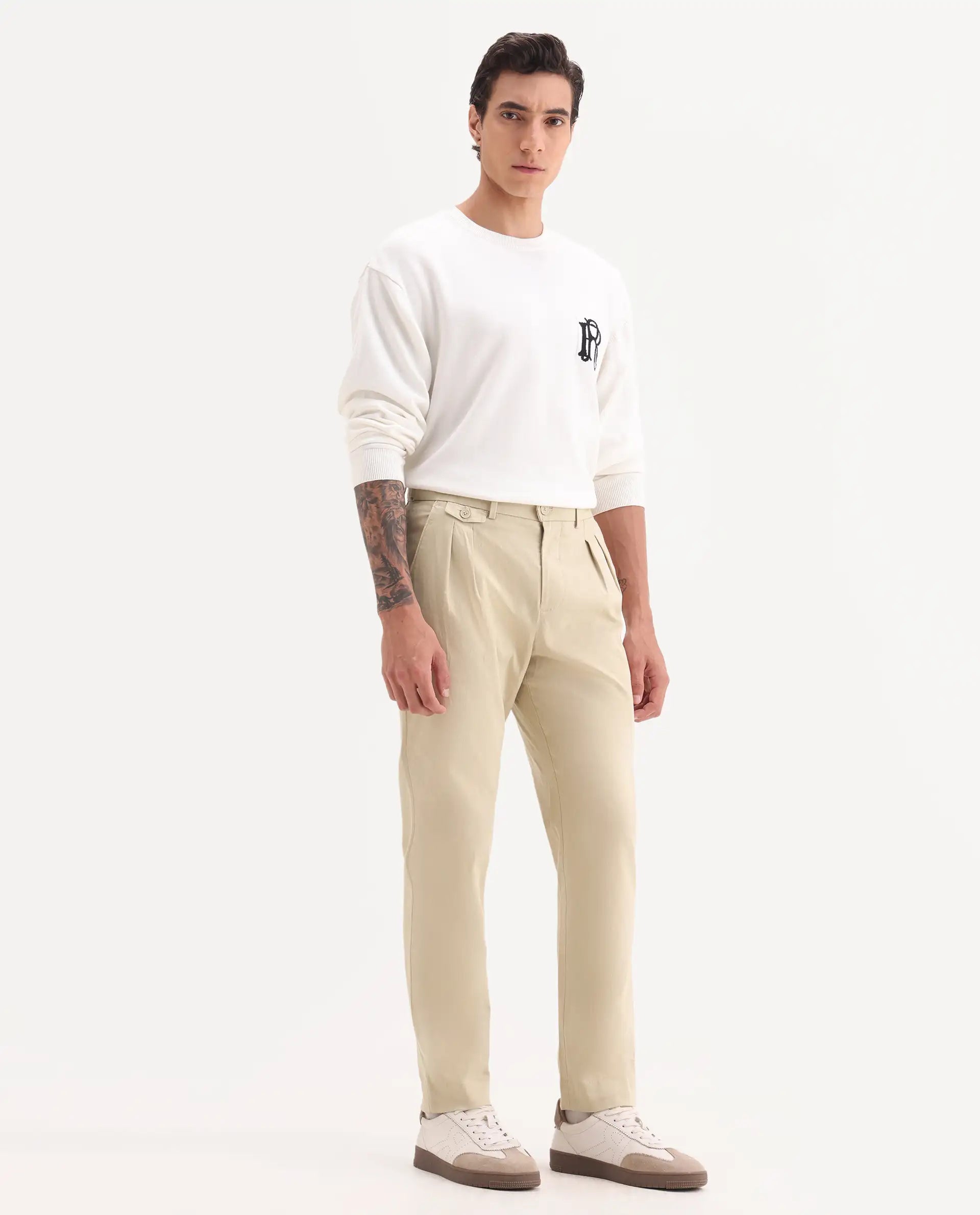 Rare Rabbit Men's Torro Beige Cotton Blend Plain Regular Fit Trouser