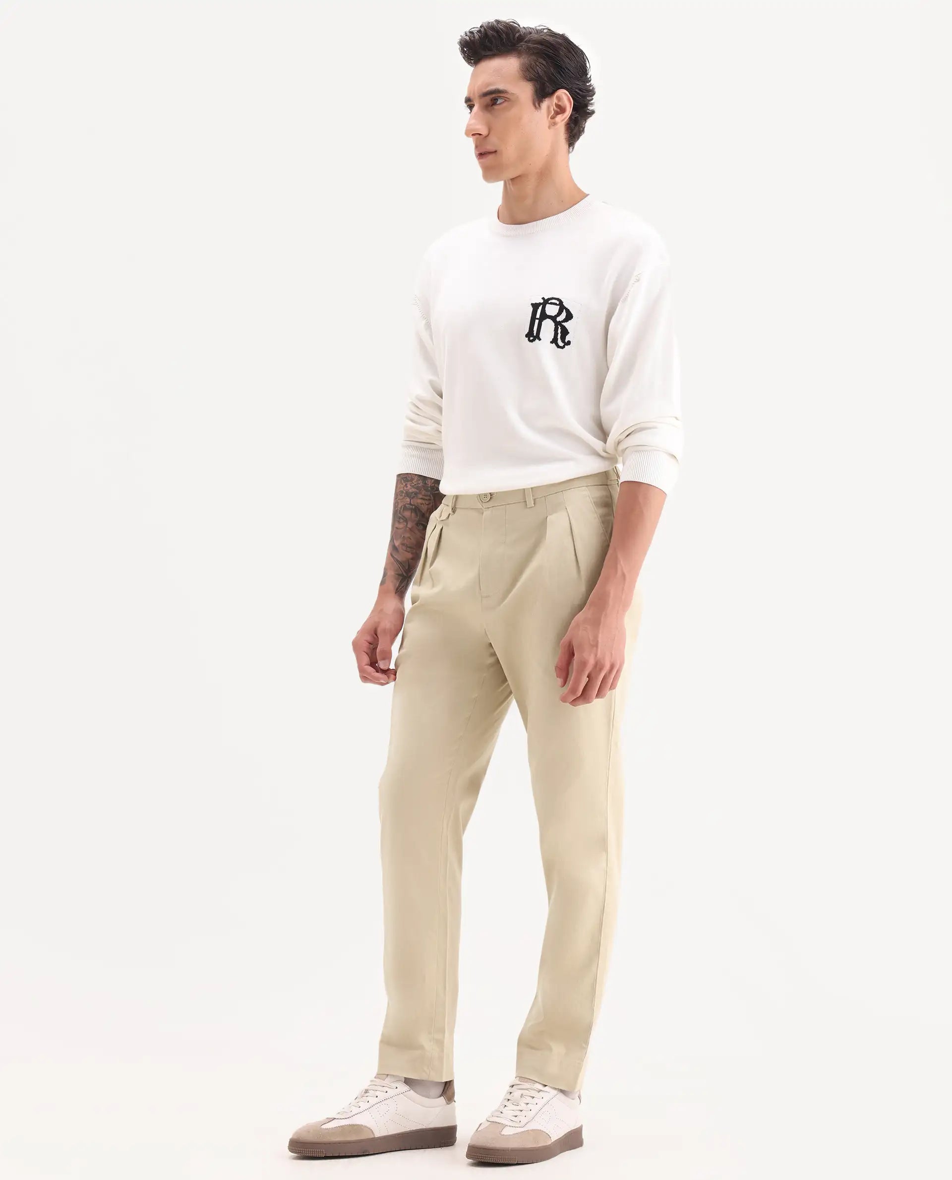 Rare Rabbit Men's Torro Beige Cotton Blend Plain Regular Fit Trouser