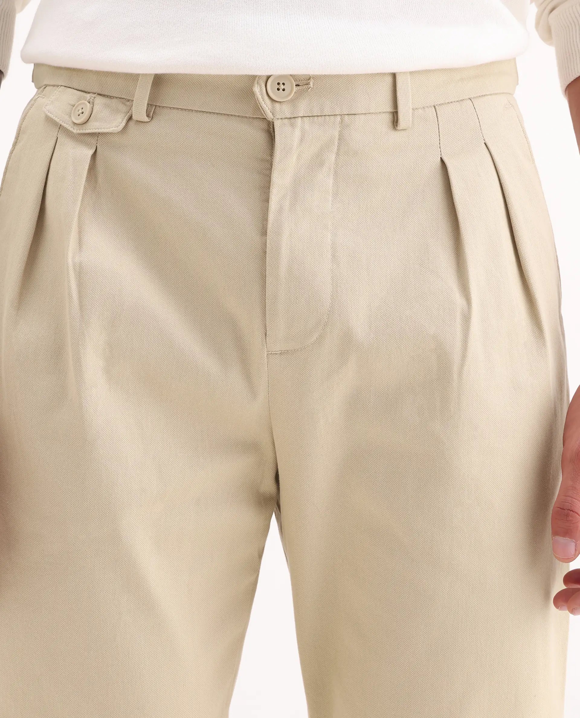 Rare Rabbit Men's Torro Beige Cotton Blend Plain Regular Fit Trouser