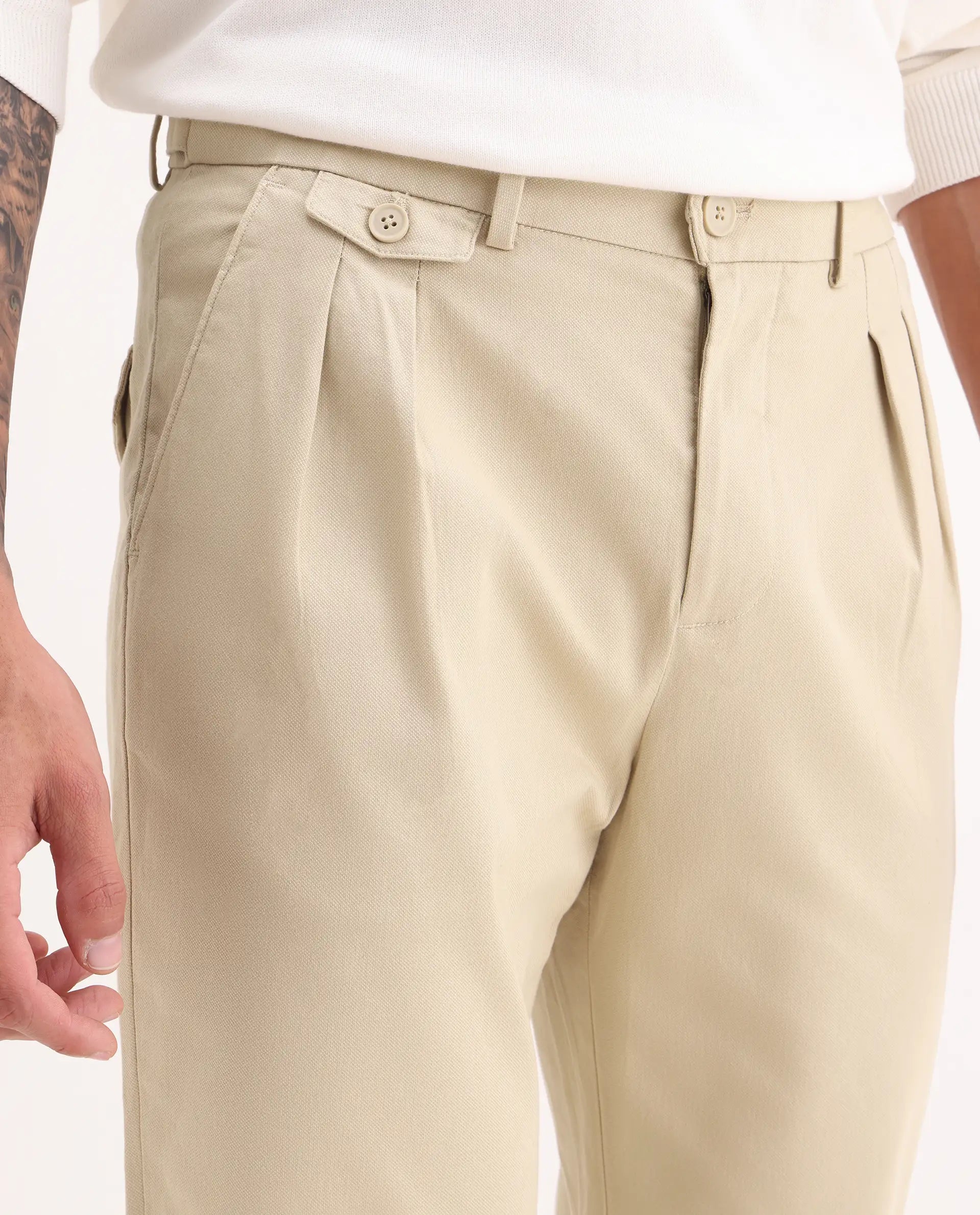 Rare Rabbit Men's Torro Beige Cotton Blend Plain Regular Fit Trouser