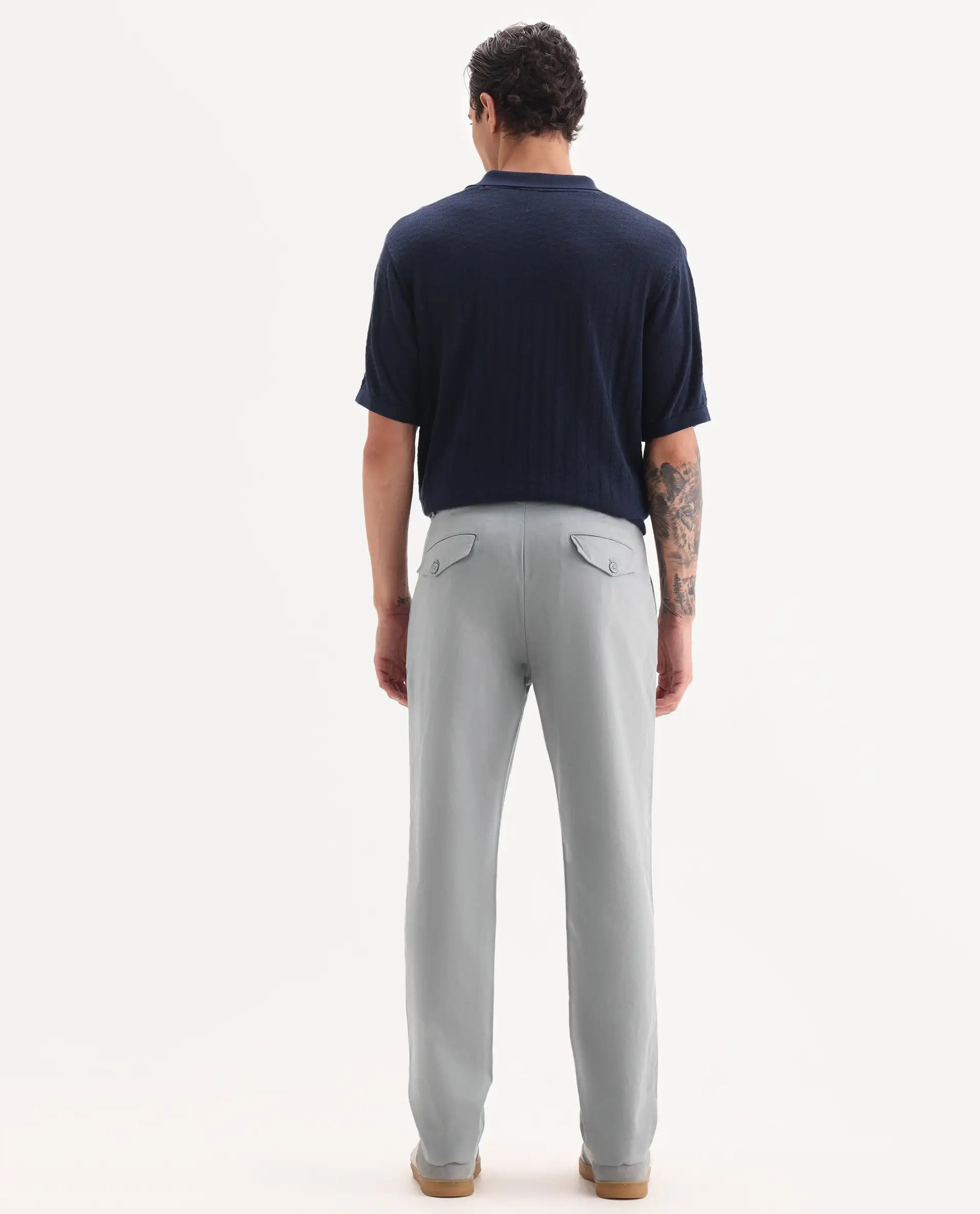 Rare Rabbit Men's Torro Grey Cotton Plain Regular Fit Trouser