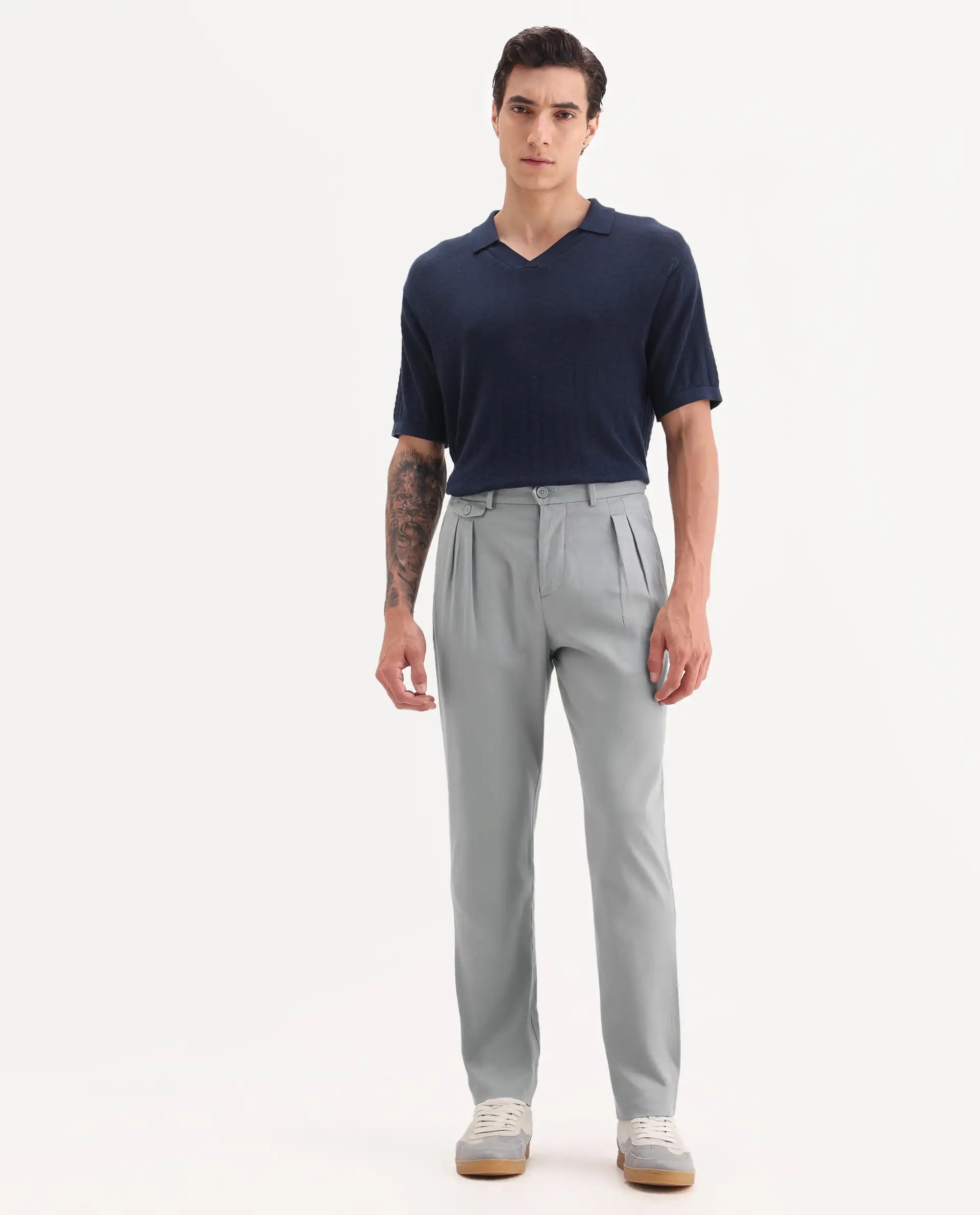 Rare Rabbit Men's Torro Grey Cotton Plain Regular Fit Trouser