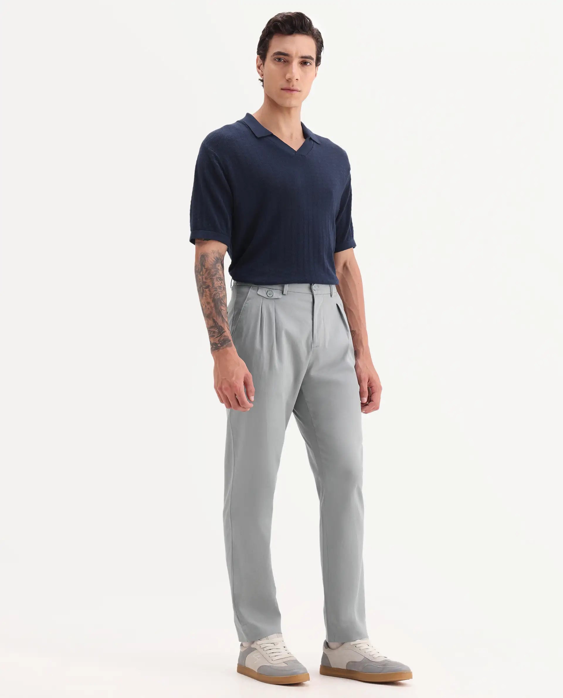 Rare Rabbit Men's Torro Grey Cotton Plain Regular Fit Trouser