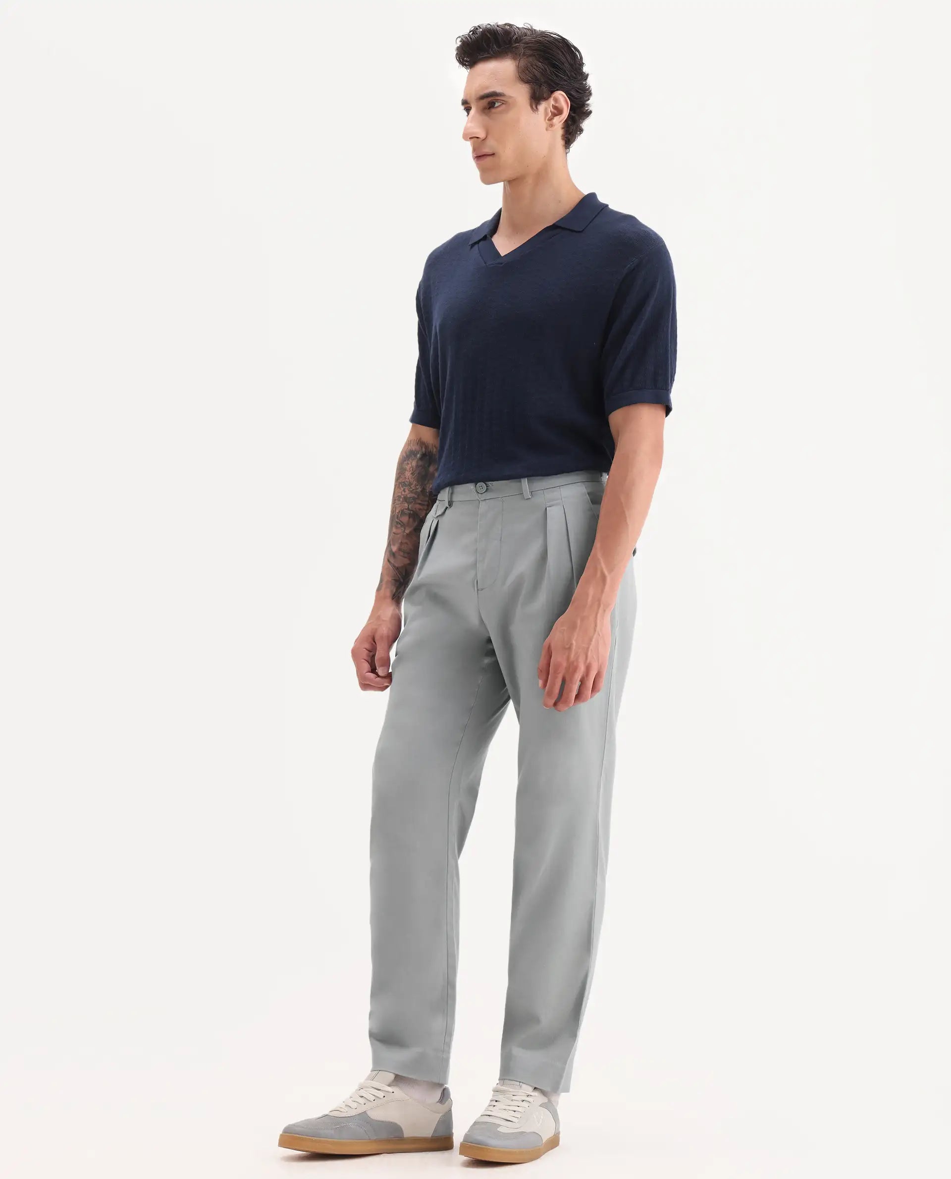 Rare Rabbit Men's Torro Grey Cotton Plain Regular Fit Trouser