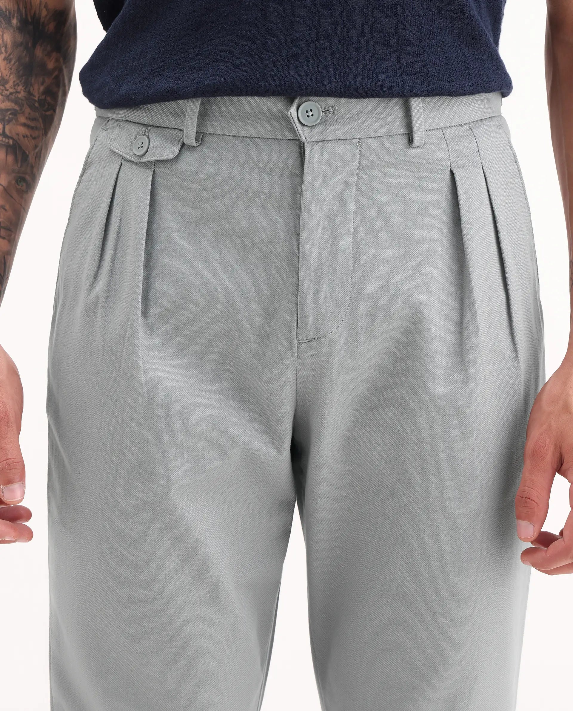 Rare Rabbit Men's Torro Grey Cotton Plain Regular Fit Trouser