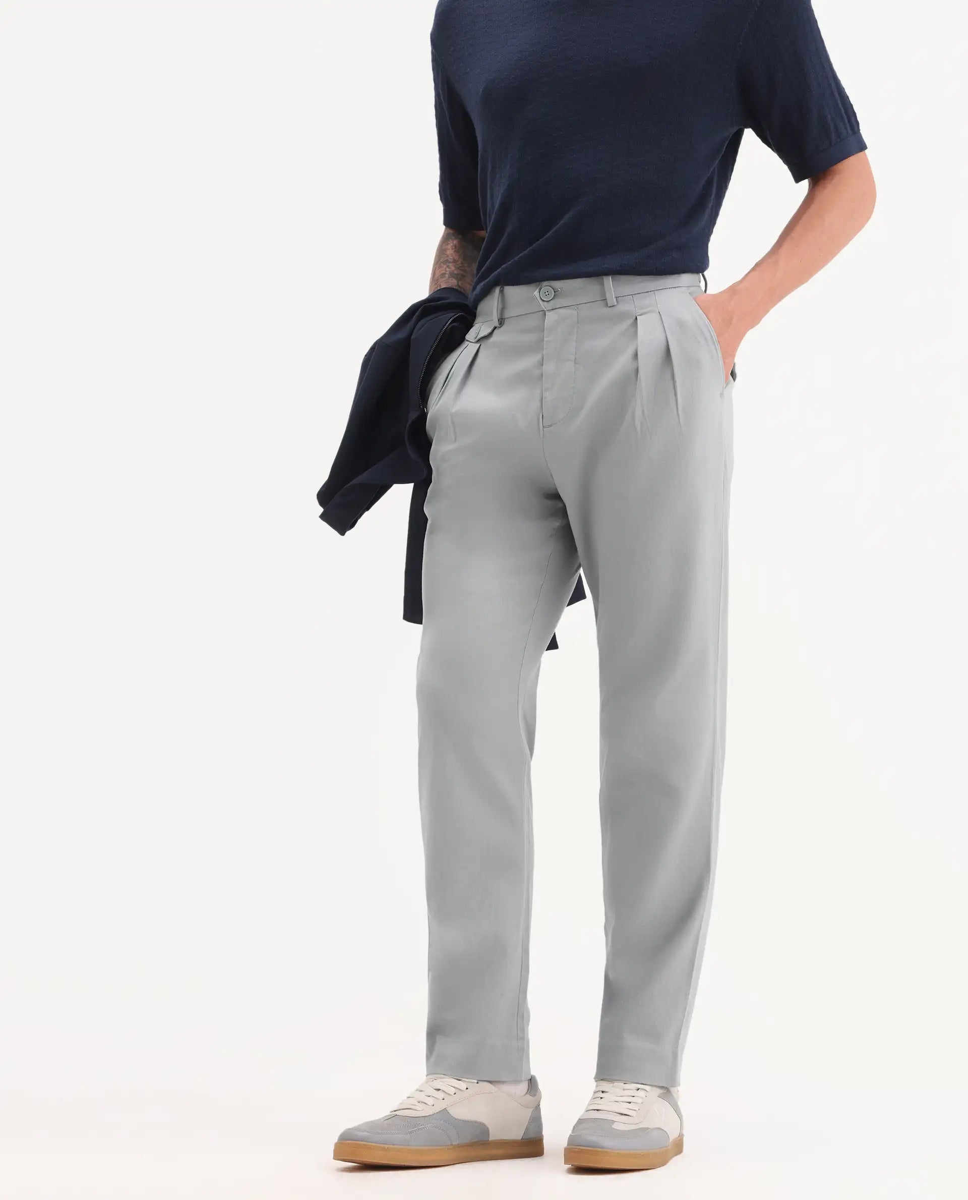 Rare Rabbit Men's Torro Grey Cotton Plain Regular Fit Trouser