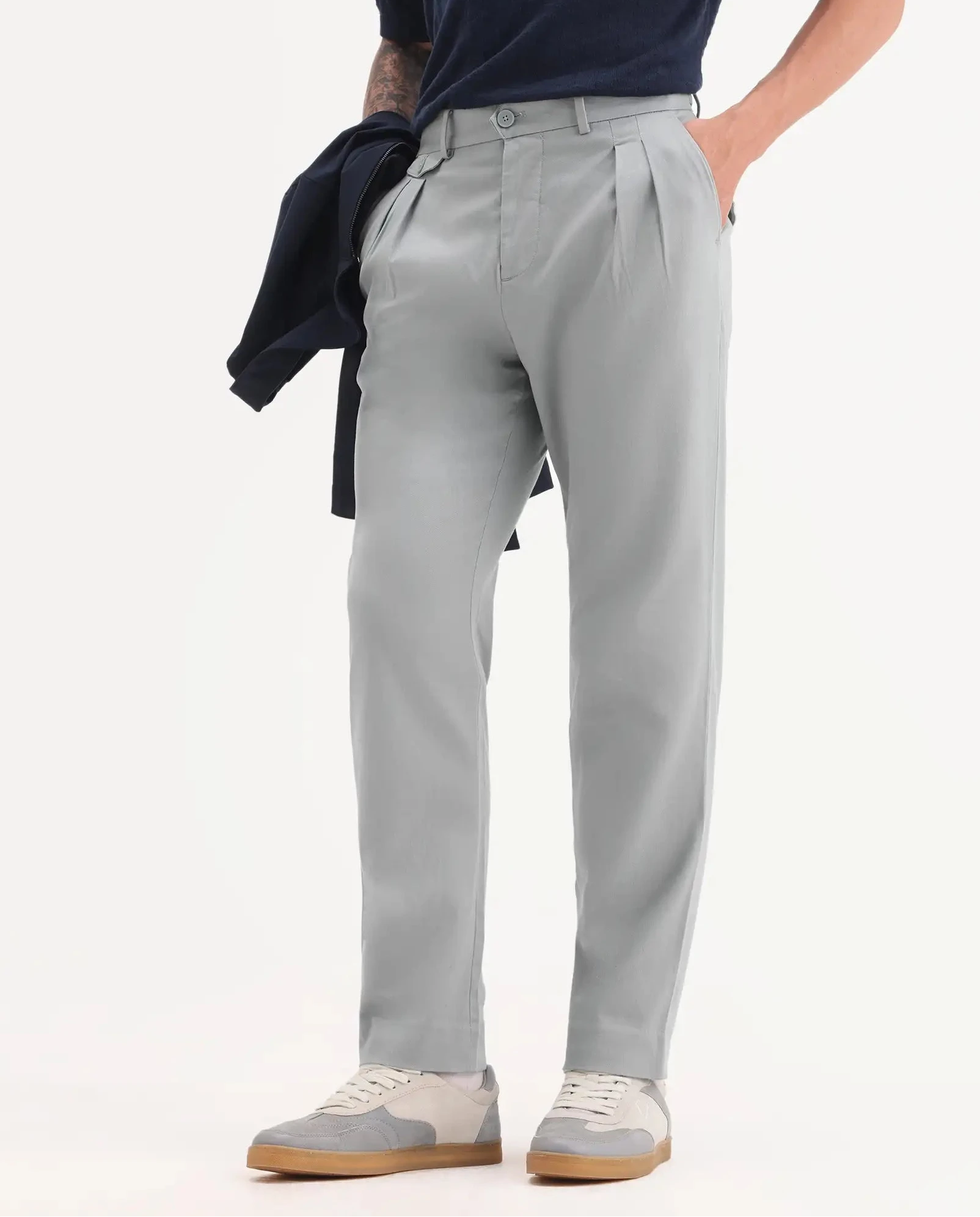 Rare Rabbit Men's Torro Grey Cotton Plain Regular Fit Trouser