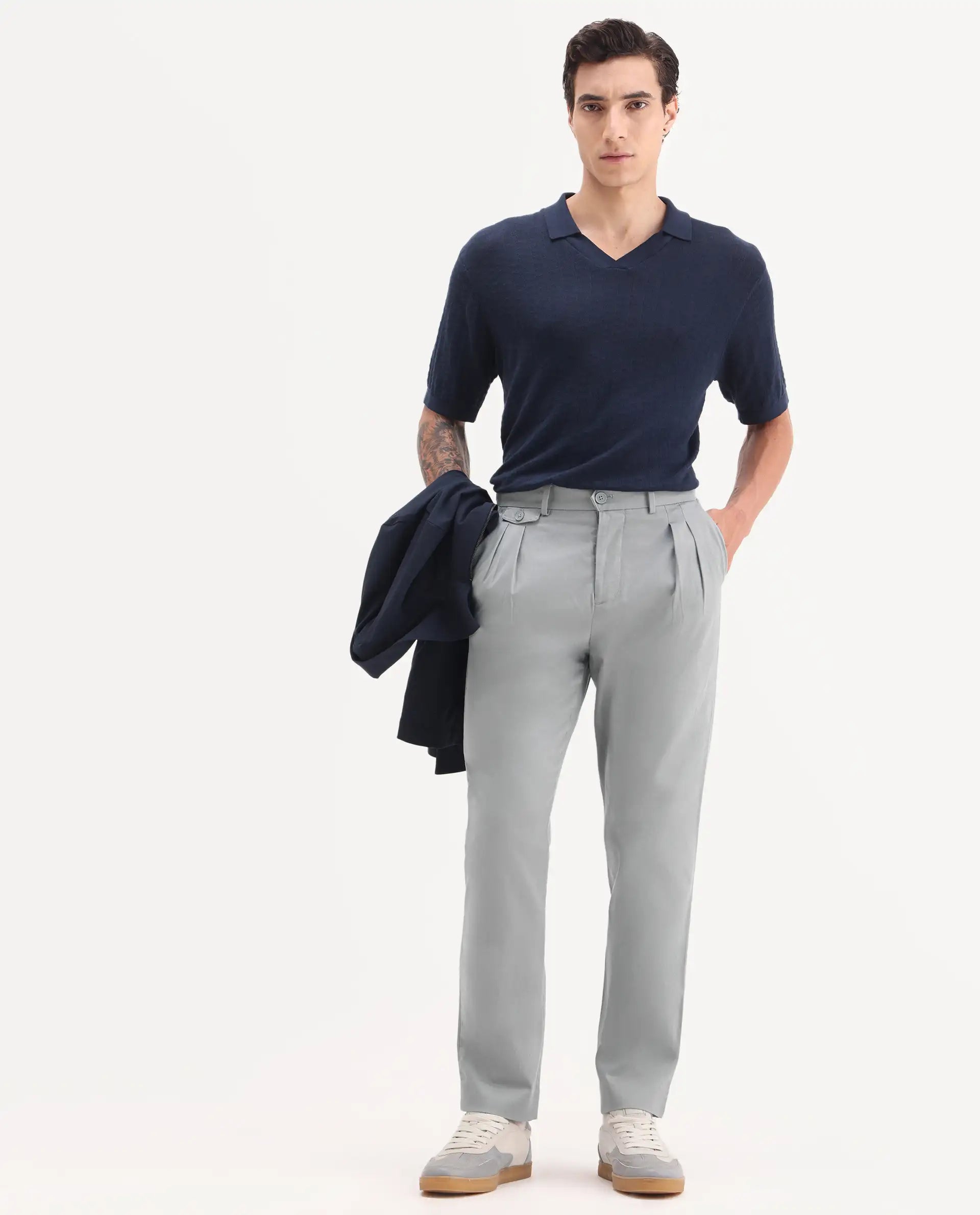 Rare Rabbit Men's Torro Grey Cotton Plain Regular Fit Trouser