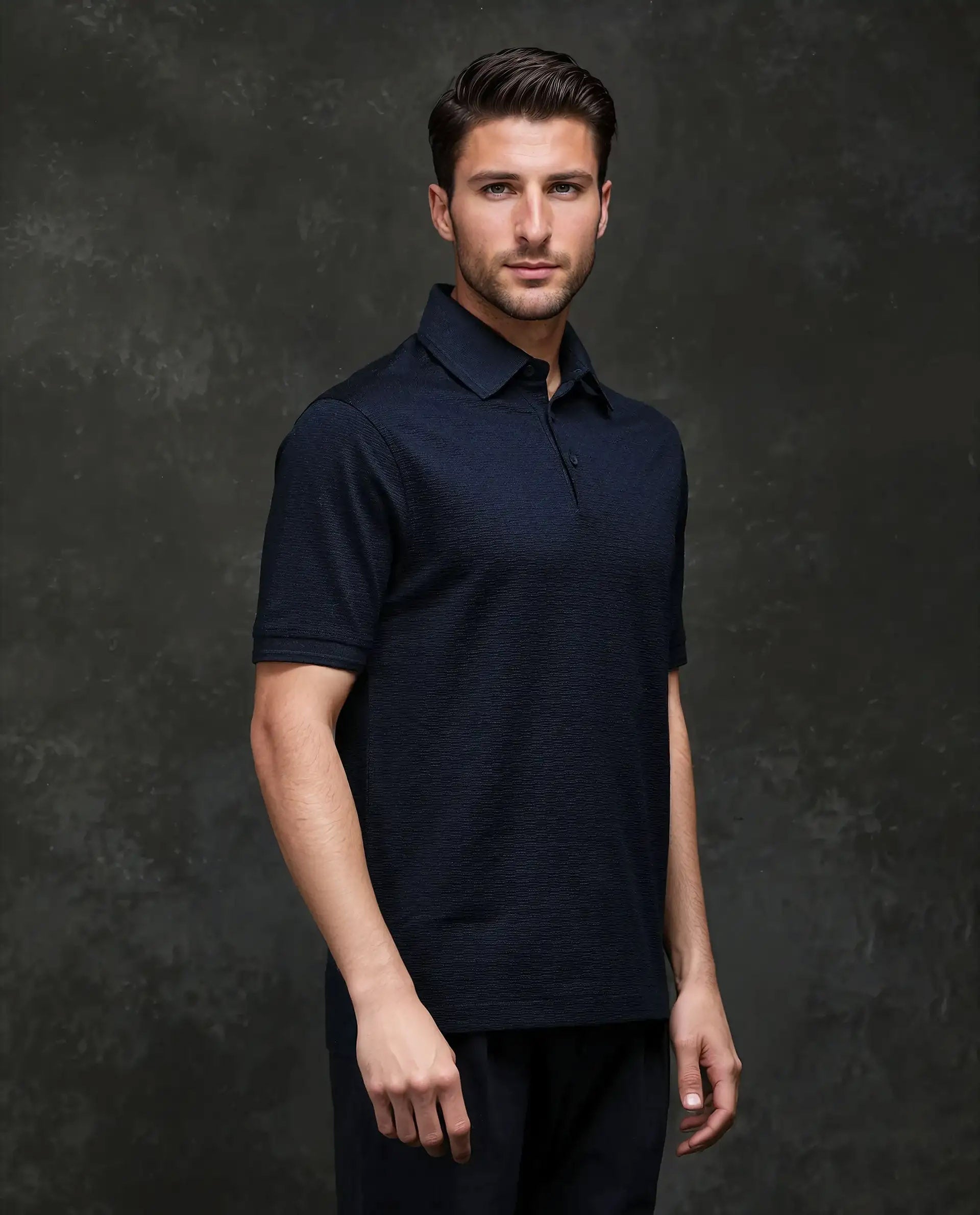 Rare Rabbit Men's Tosy Navy Cotton Plain Regular Fit Half Sleeve Polo