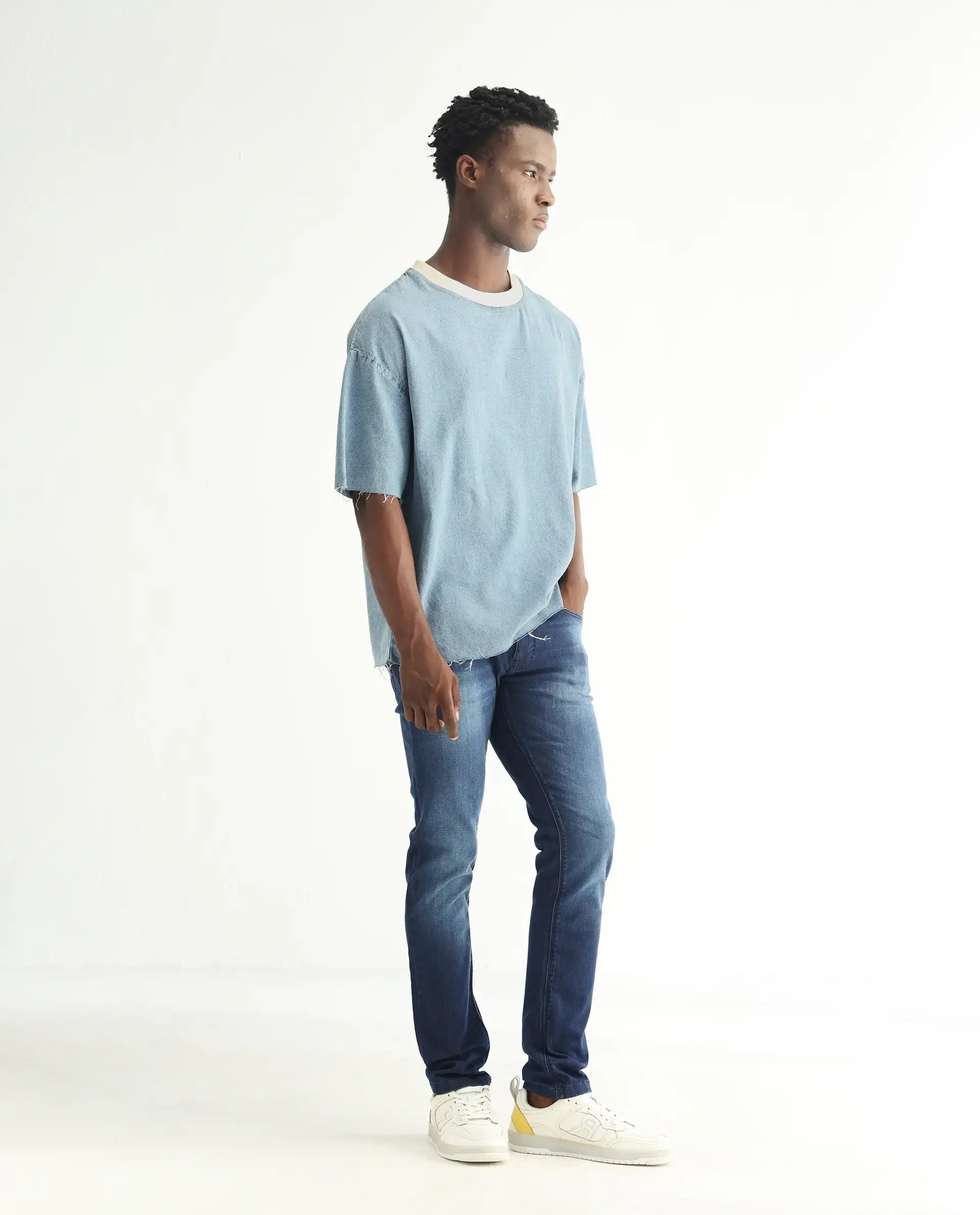 Rare Rabbit Men's Toucil Dark Blue Cotton Plain Hawk Slim Fit Jeans