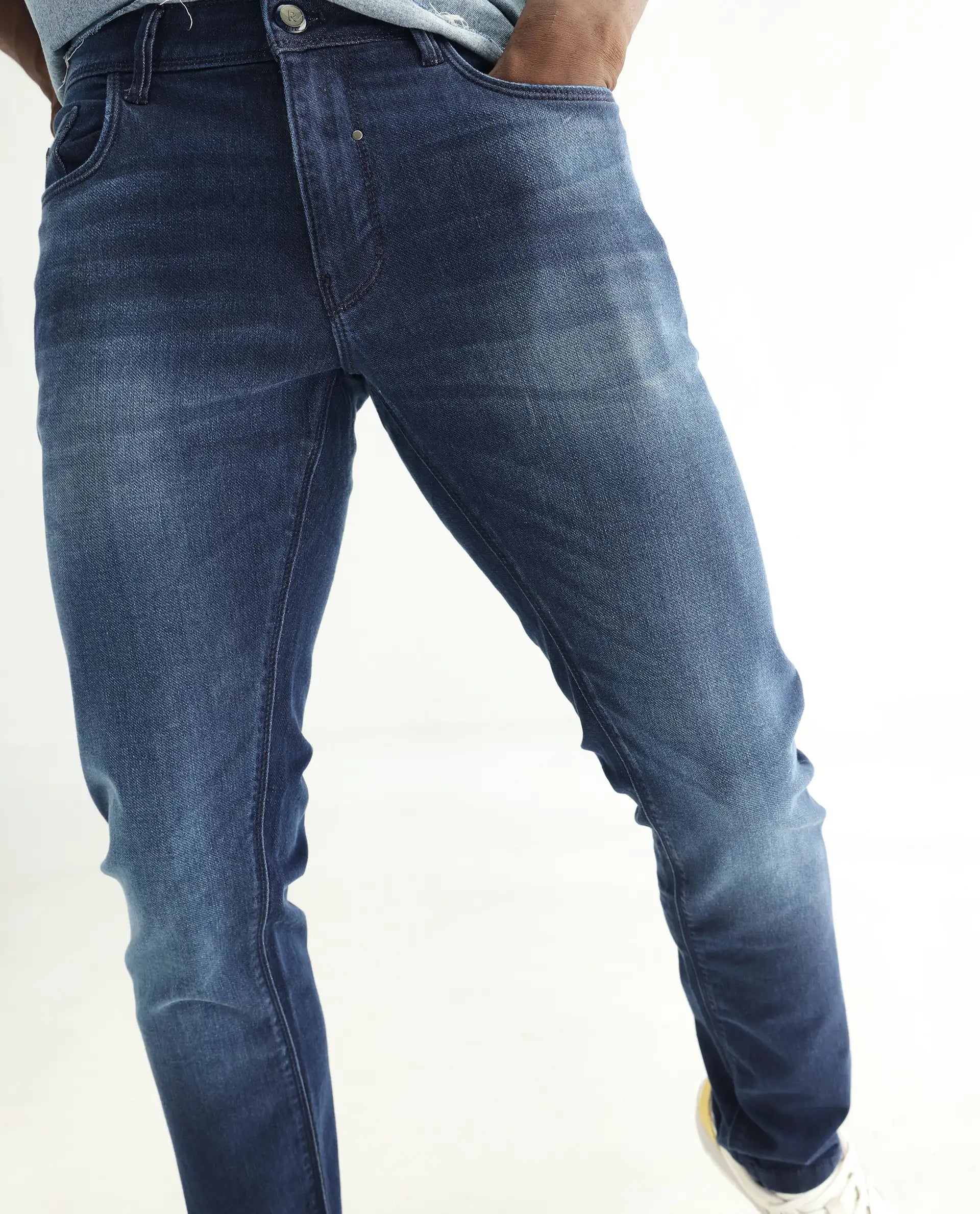 Rare Rabbit Men's Toucil Dark Blue Cotton Plain Hawk Slim Fit Jeans