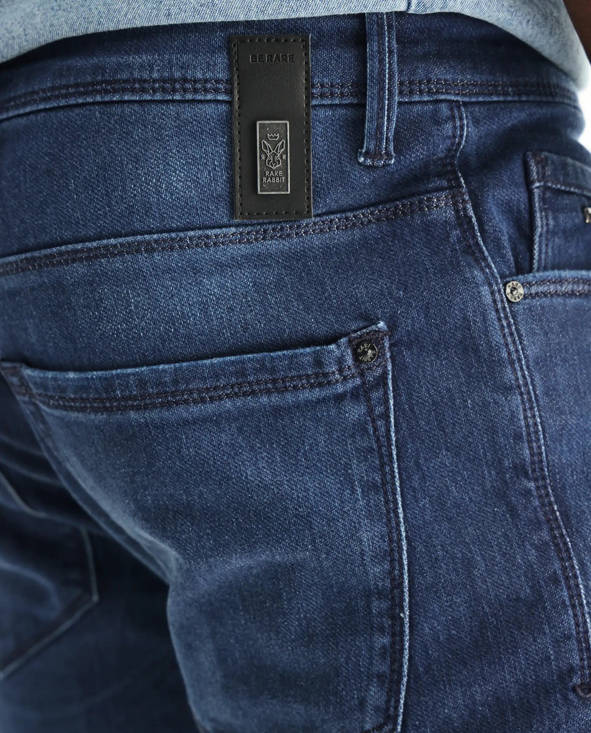 Rare Rabbit Men's Toucil Dark Blue Cotton Plain Hawk Slim Fit Jeans