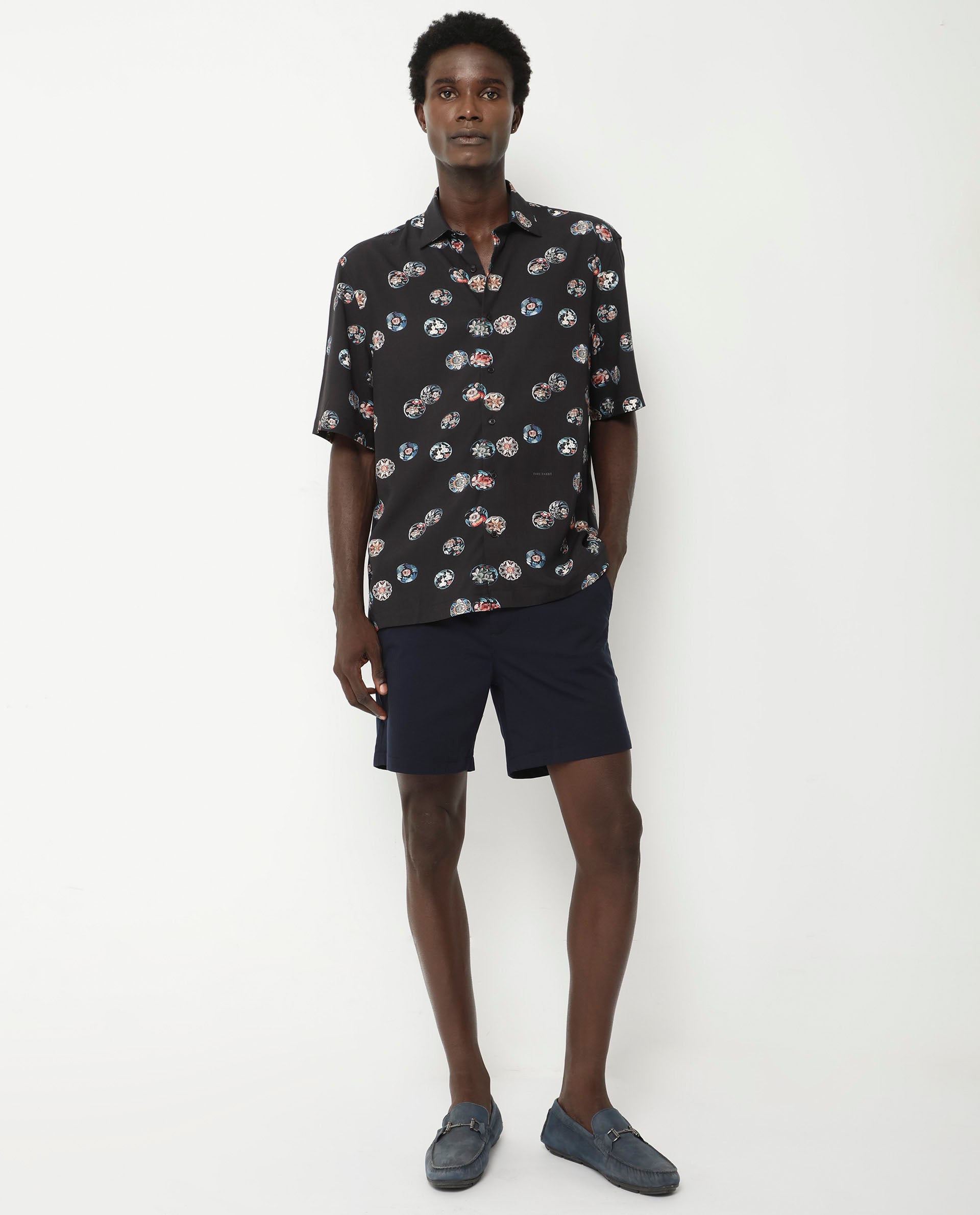Rare Rabbit Men's Towen SS Black Viscose Fabric Half Sleeves Boxy Fit Floral Print Shirt