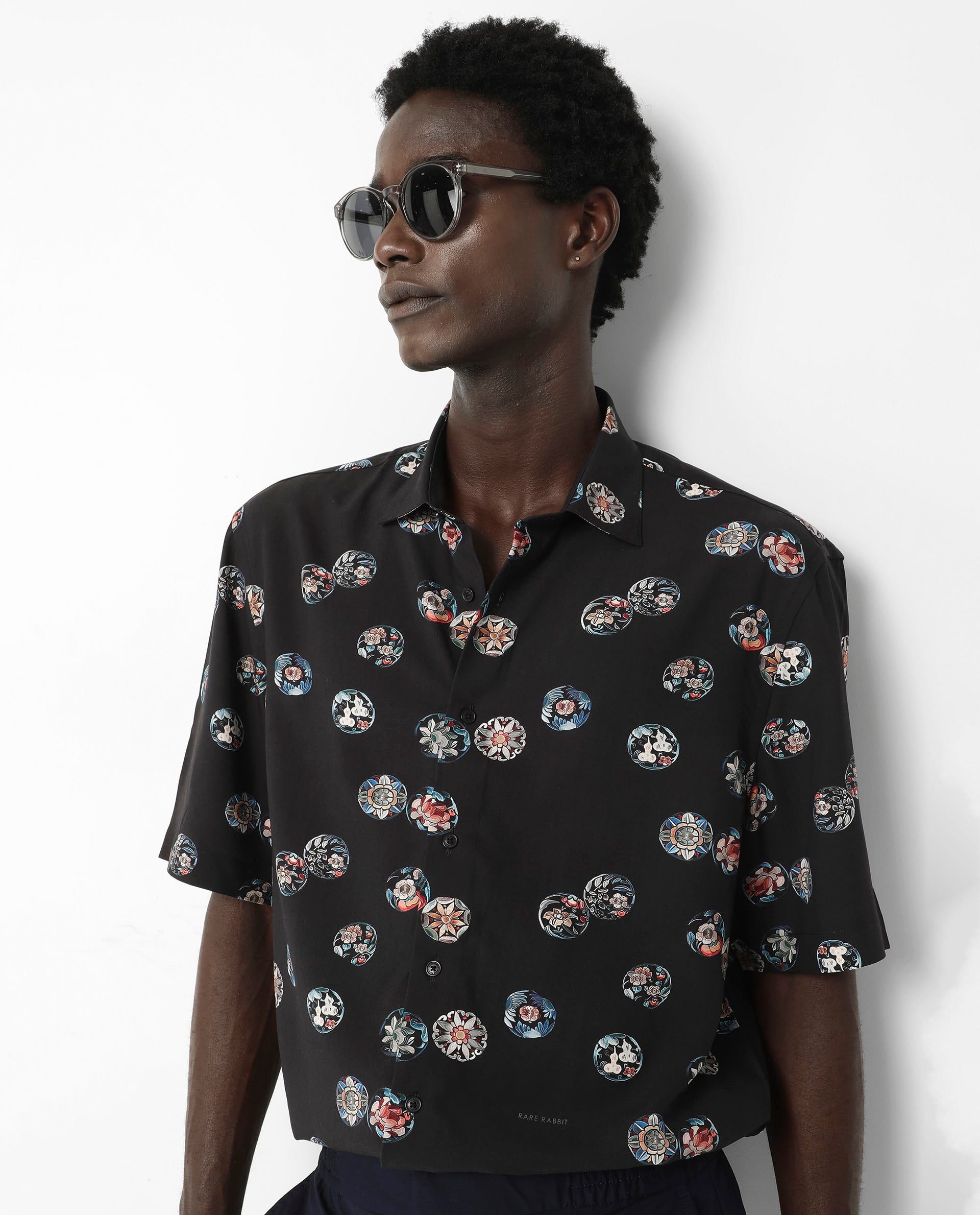 Rare Rabbit Men's Towen SS Black Viscose Fabric Half Sleeves Boxy Fit Floral Print Shirt