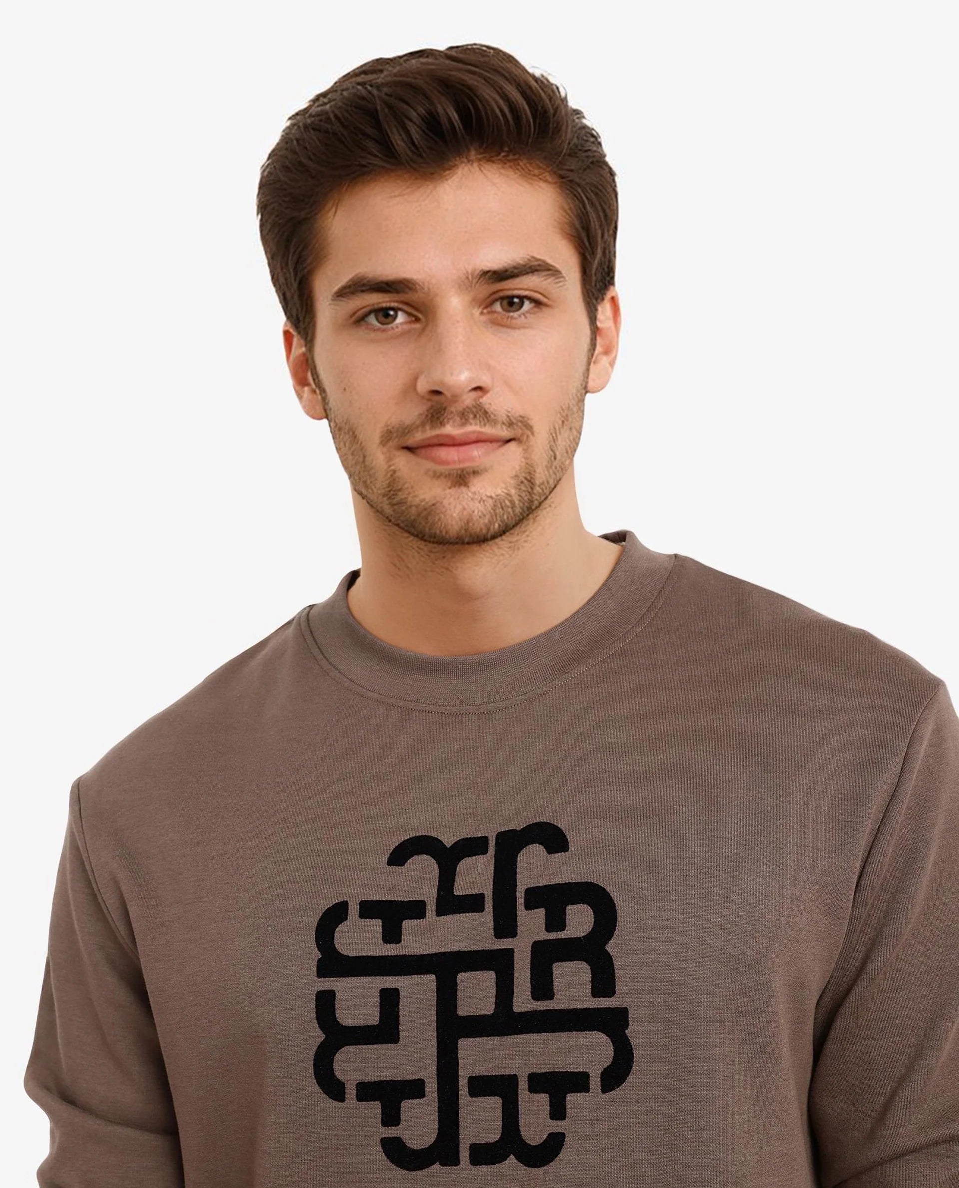 Rare Rabbit Men Toxon Dusky Olive Cotton Polyester Fabric Full Sleeve Crew Neck Regular Fit Flock Graphic Print Sweatshirt