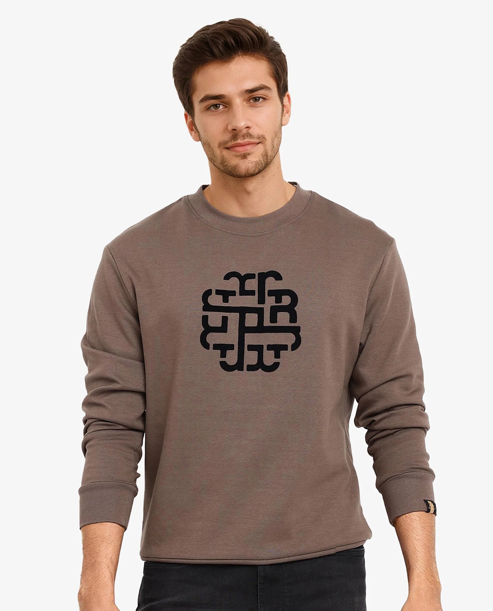 Rare Rabbit Men Toxon Dusky Olive Cotton Polyester Fabric Full Sleeve Crew Neck Regular Fit Flock Graphic Print Sweatshirt