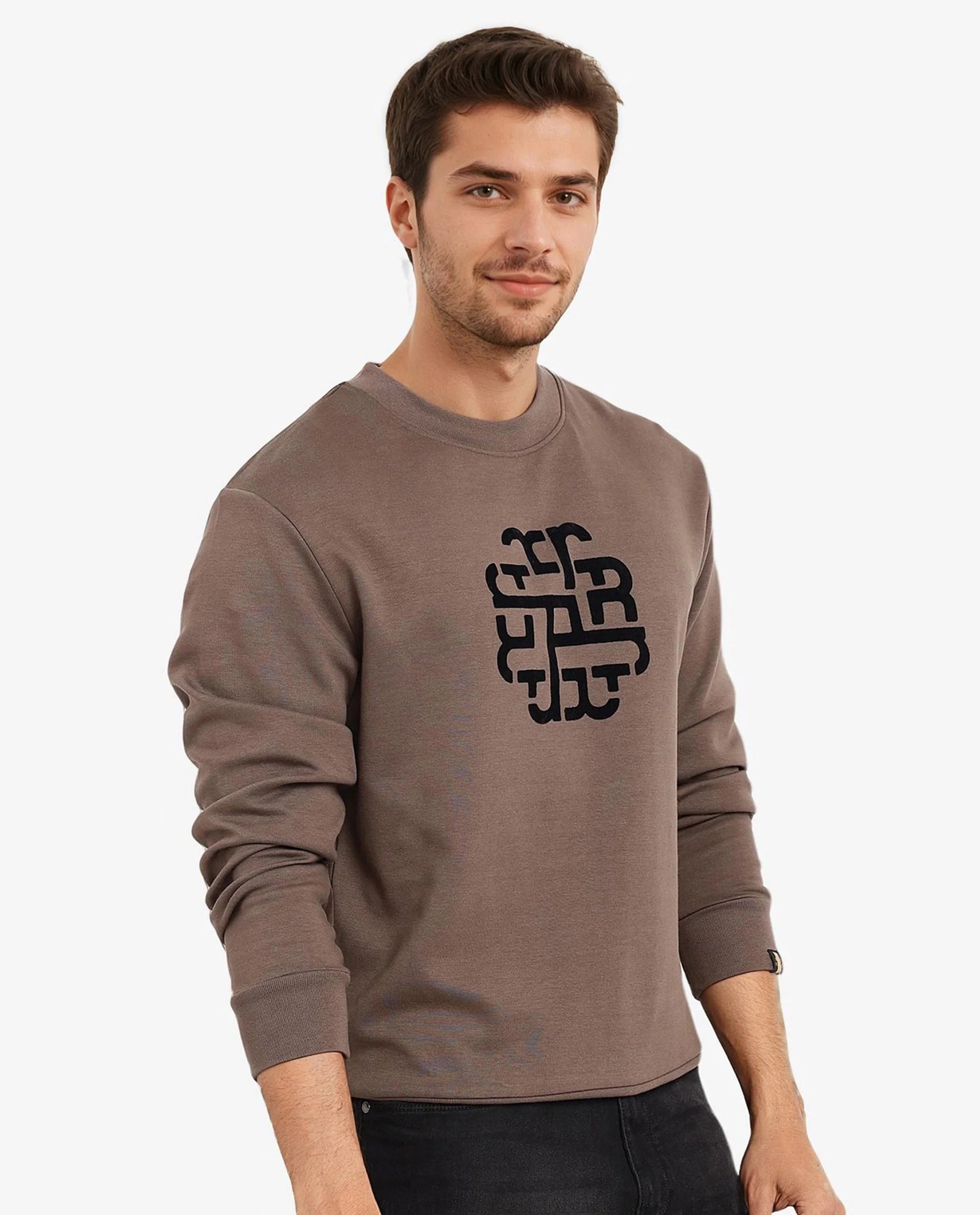 Rare Rabbit Men Toxon Dusky Olive Cotton Polyester Fabric Full Sleeve Crew Neck Regular Fit Flock Graphic Print Sweatshirt