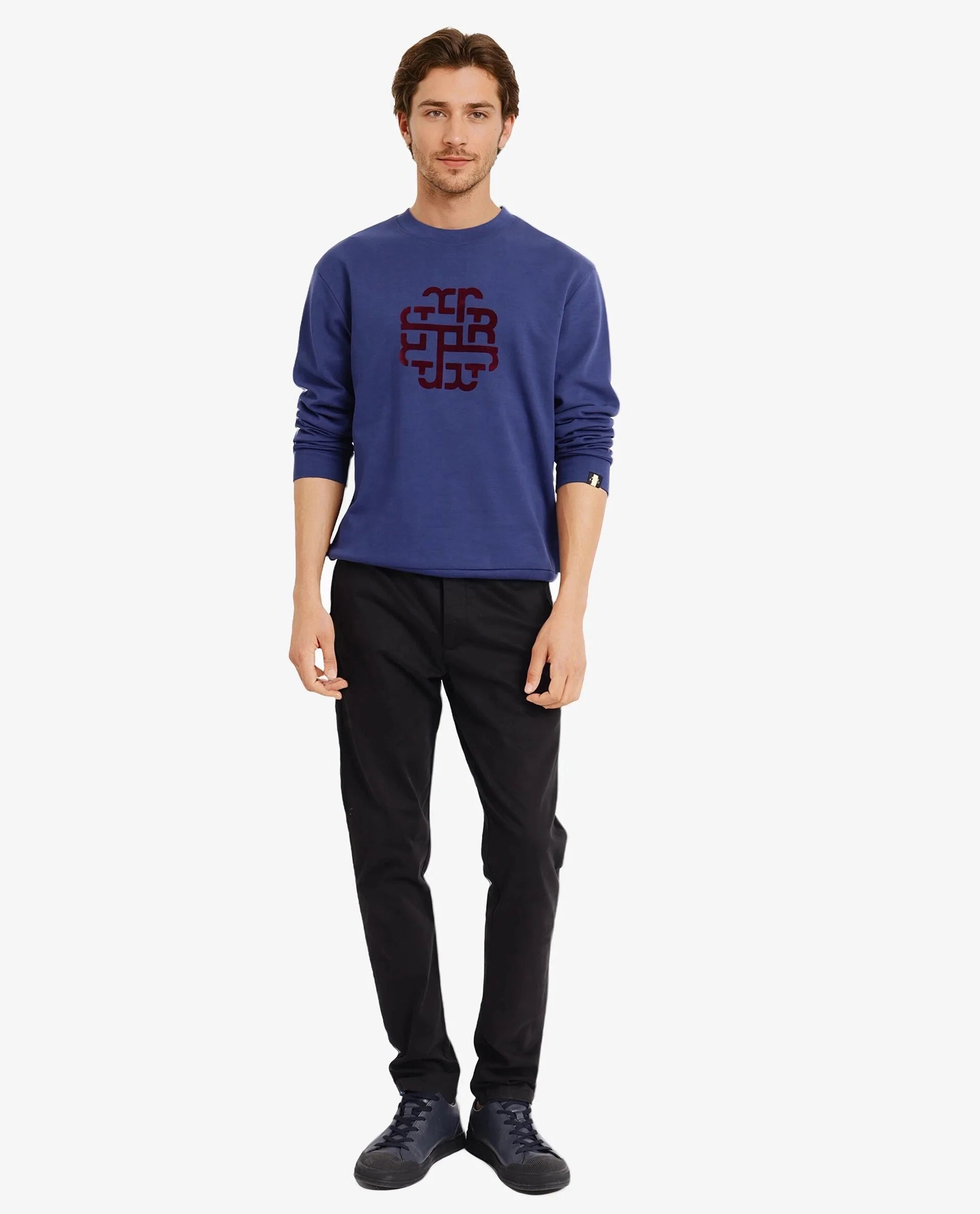 Rare Rabbit Men Toxon Navy Cotton Polyester Fabric Full Sleeve Crew Neck Regular Fit Flock Graphic Print Sweatshirt